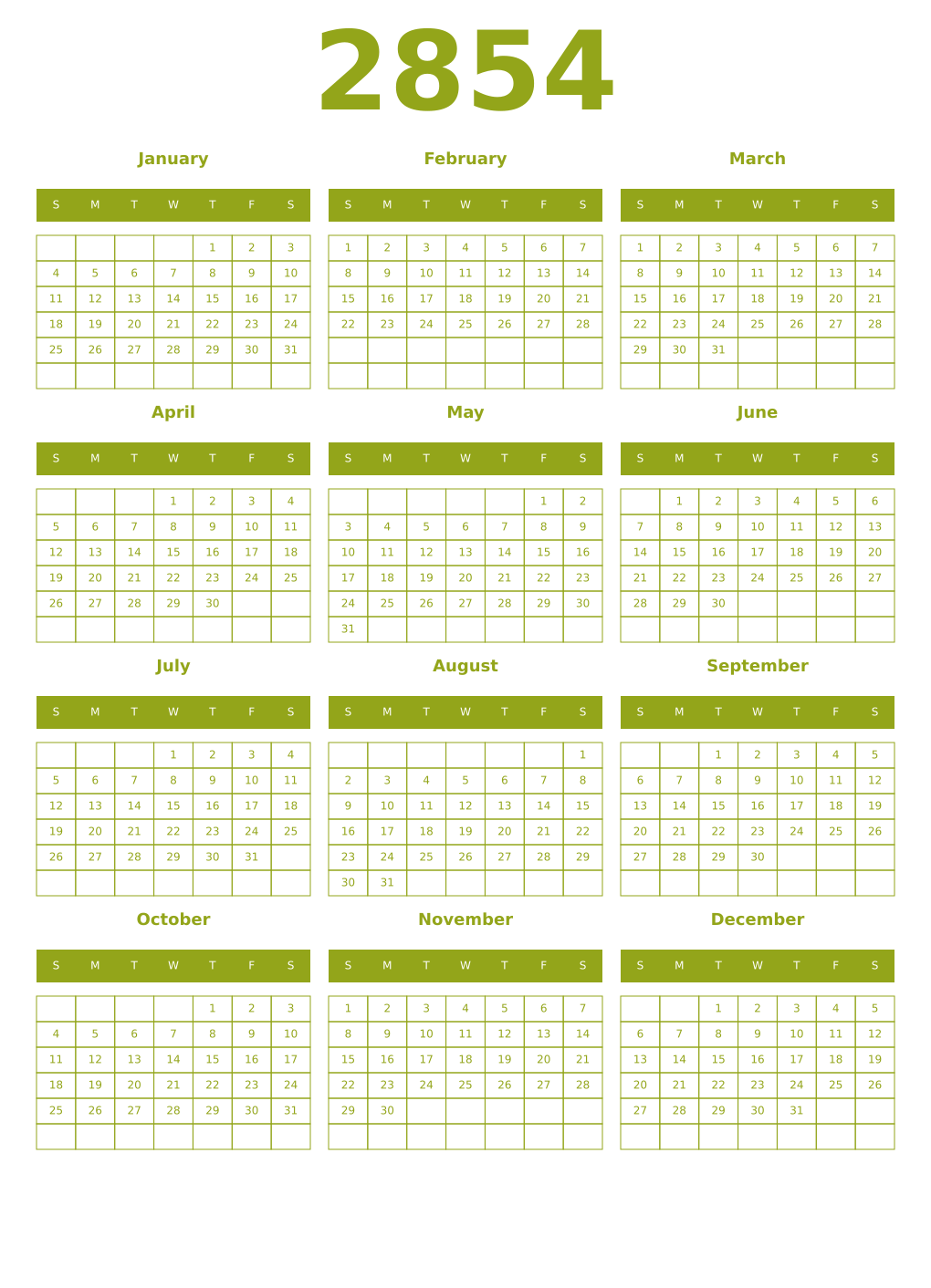 Printable 2854 Year Calendars chartreuse