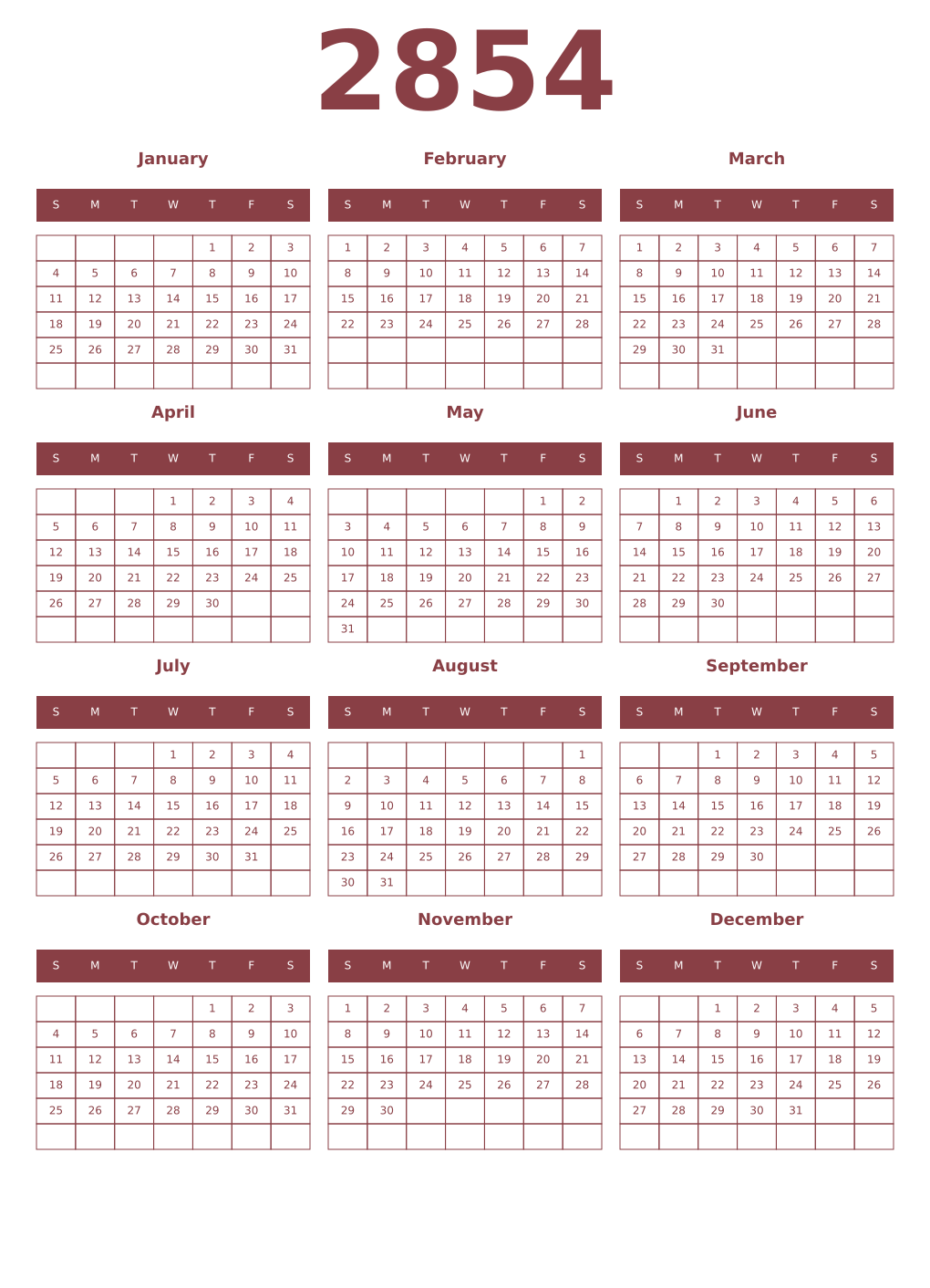 Printable 2854 Year Calendars cordovan