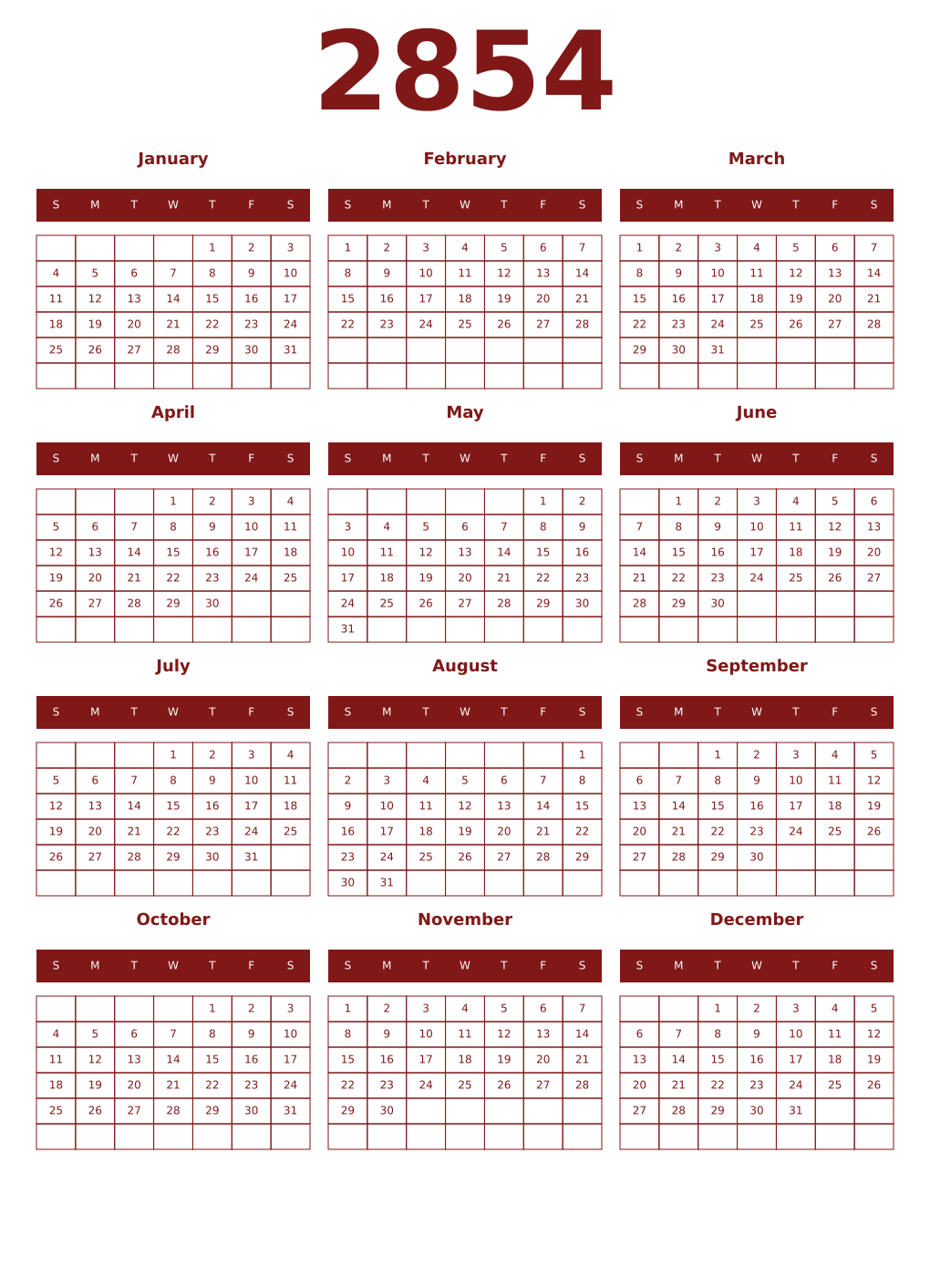 Printable 2854 Year Calendars falu
