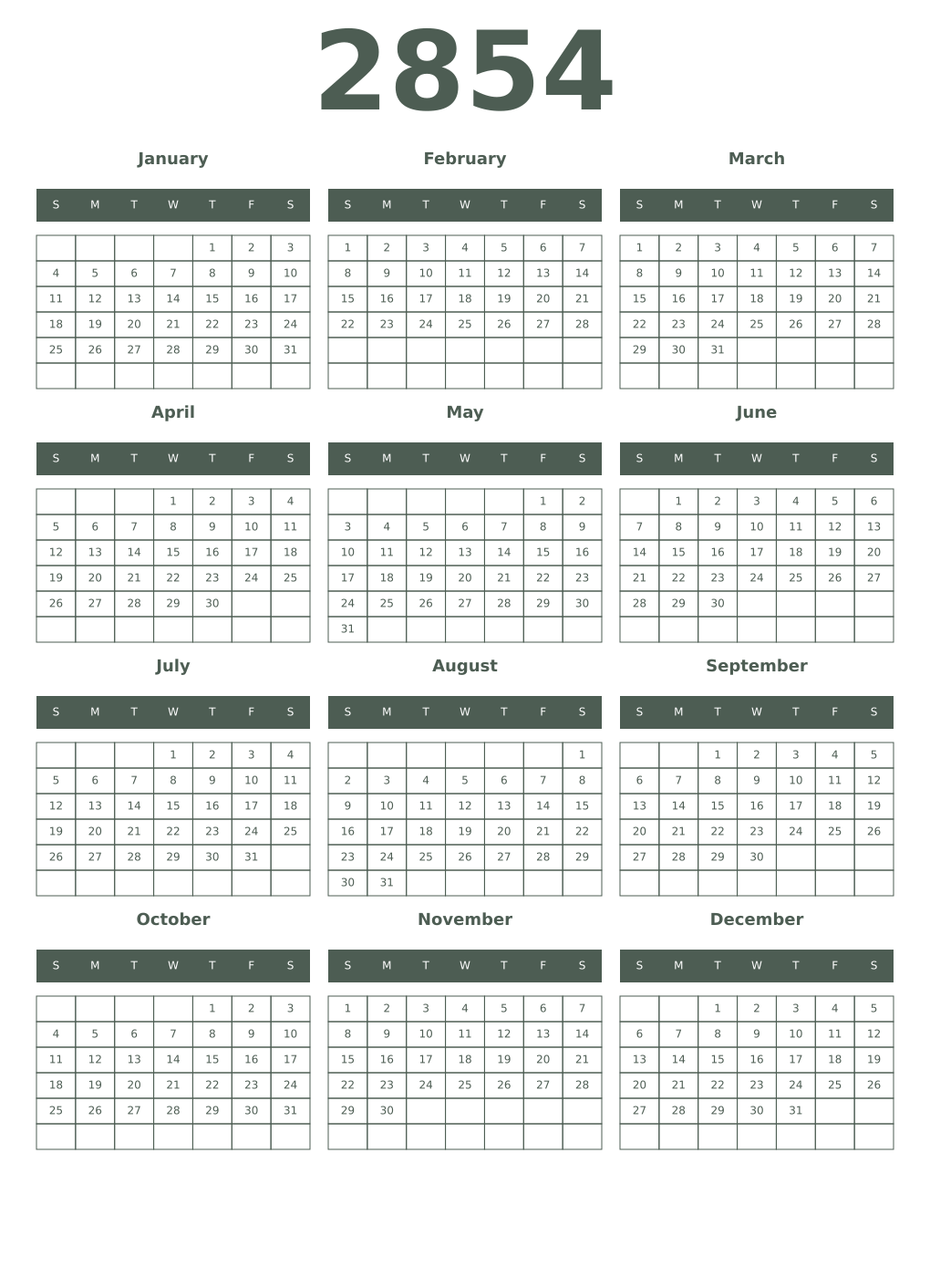 Printable 2854 Year Calendars feldgrau