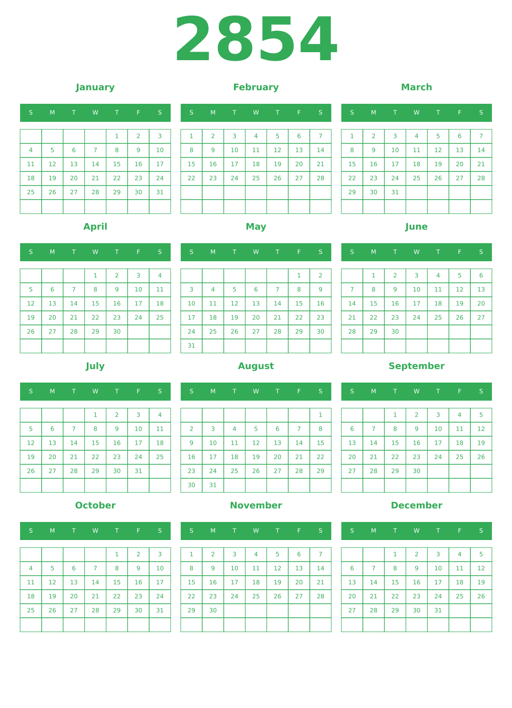 Printable 2854 Year Calendars green