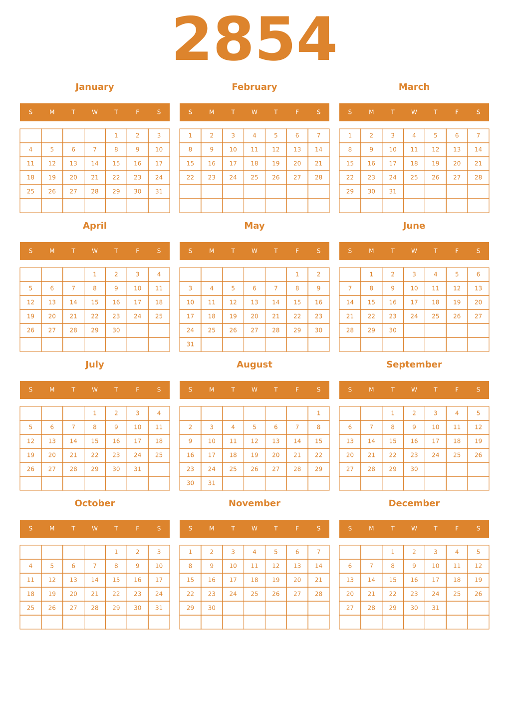 Printable 2854 Year Calendars orange