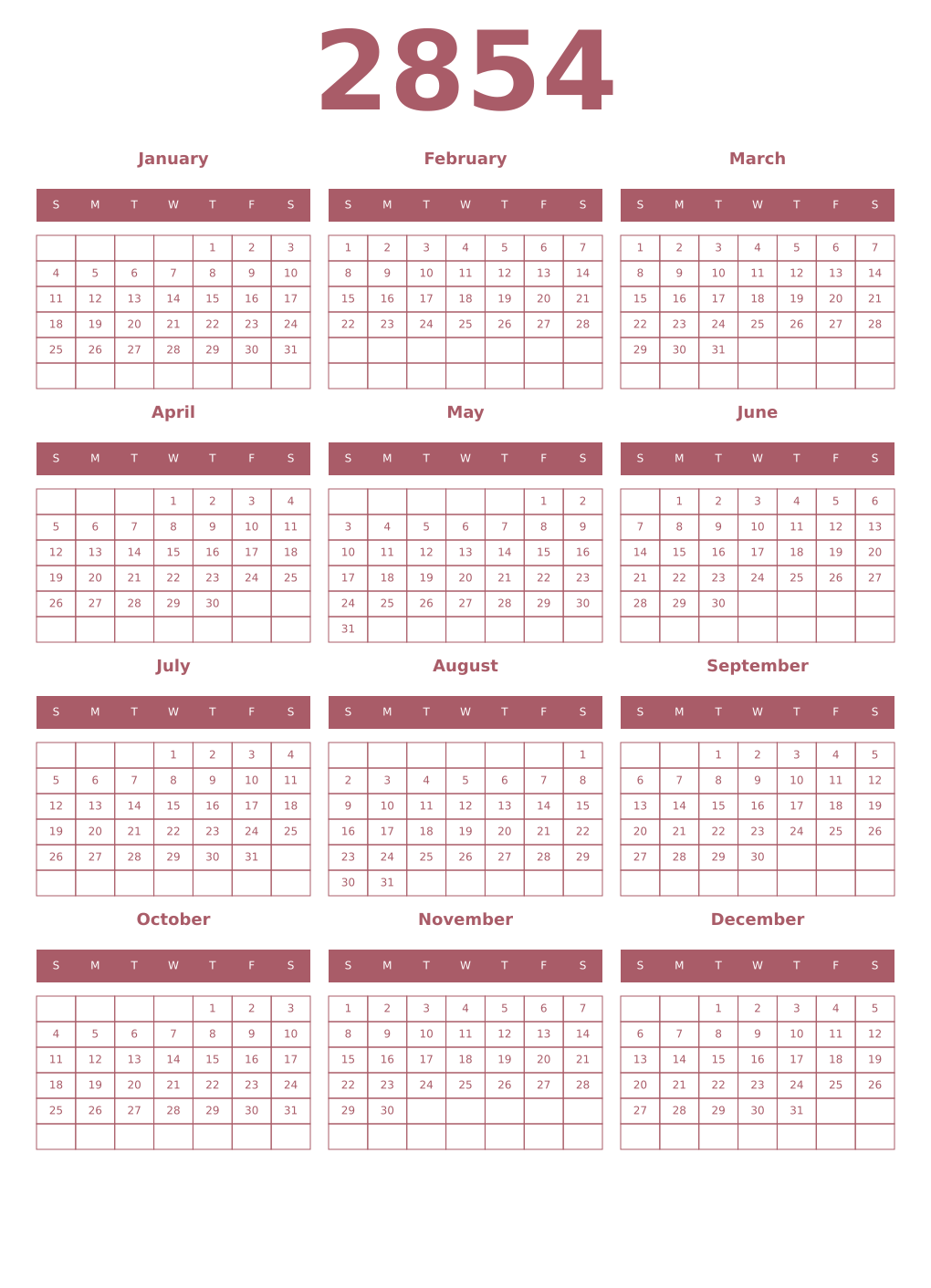 Printable 2854 Year Calendars puce