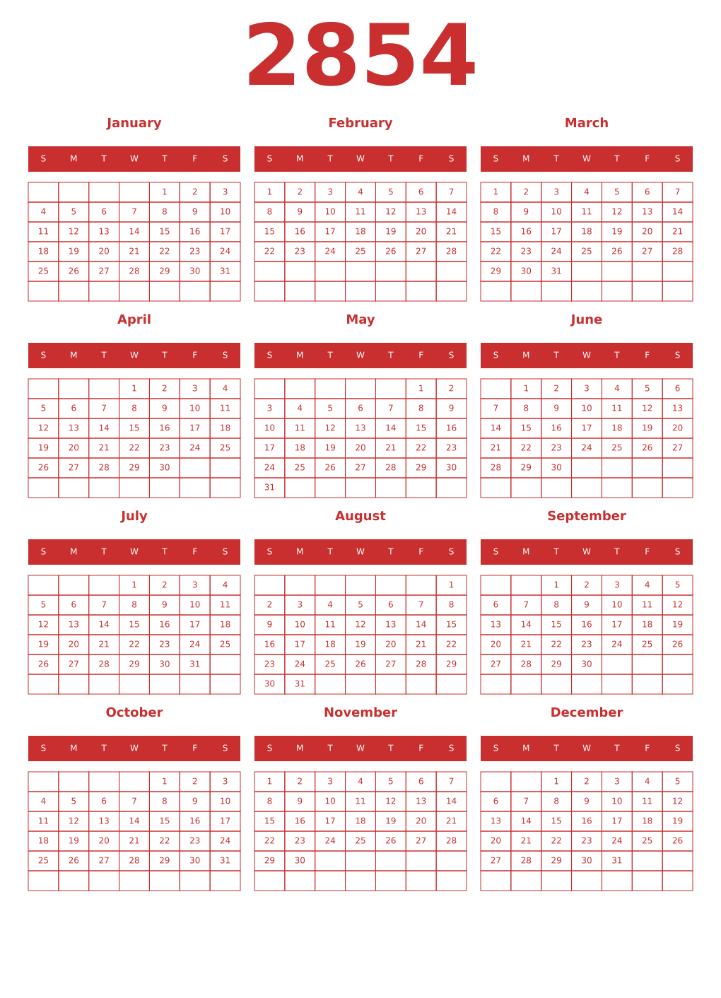 Printable 2854 Year Calendars red