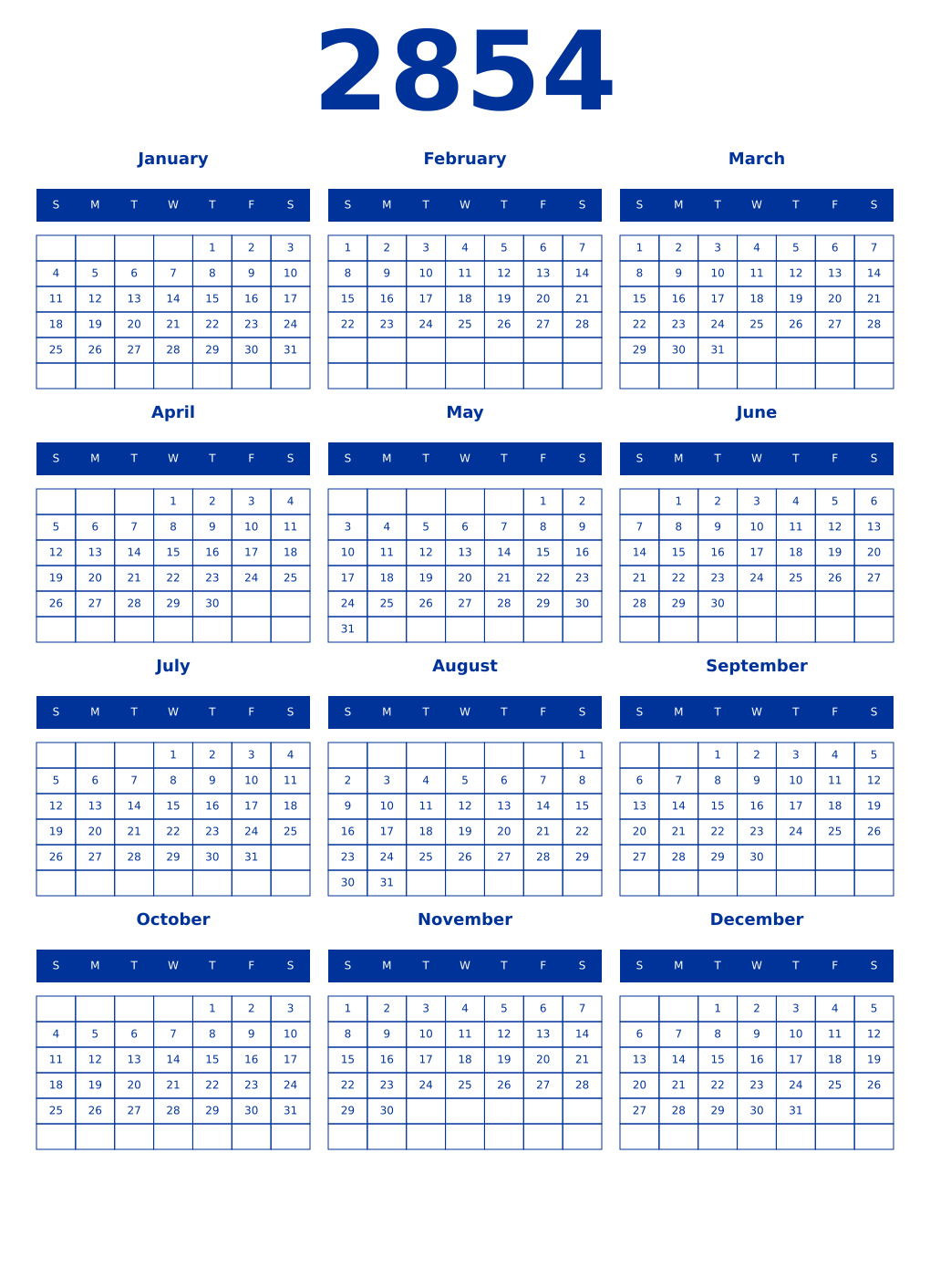 Printable 2854 Year Calendars smalt