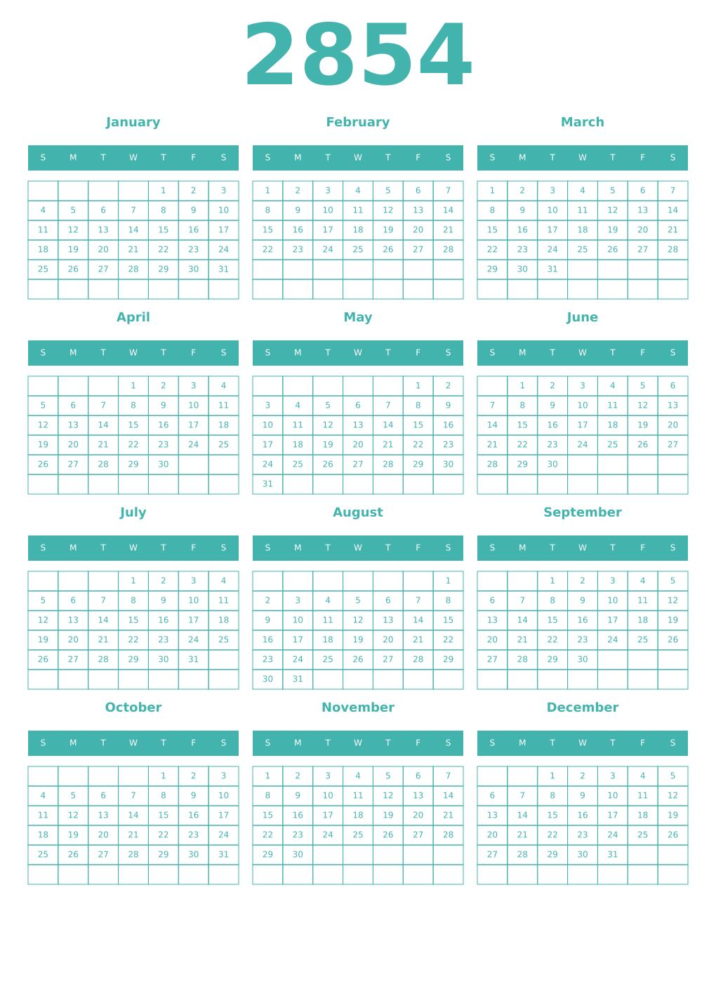 Printable 2854 Year Calendars verdigris