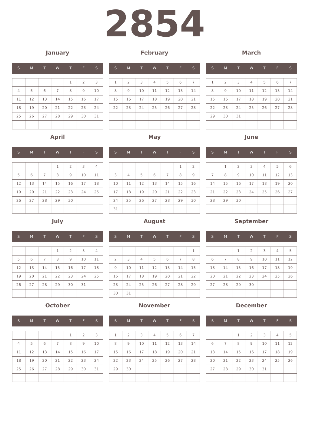 Printable 2854 Year Calendars wenge