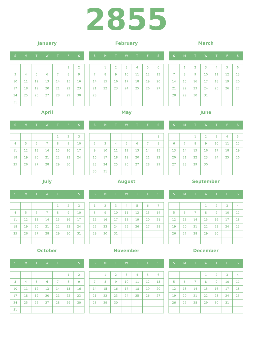 Printable 2855 Year Calendars celadon