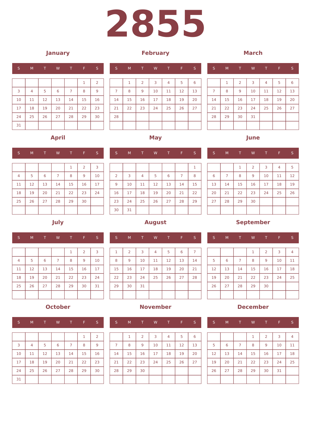 Printable 2855 Year Calendars cordovan