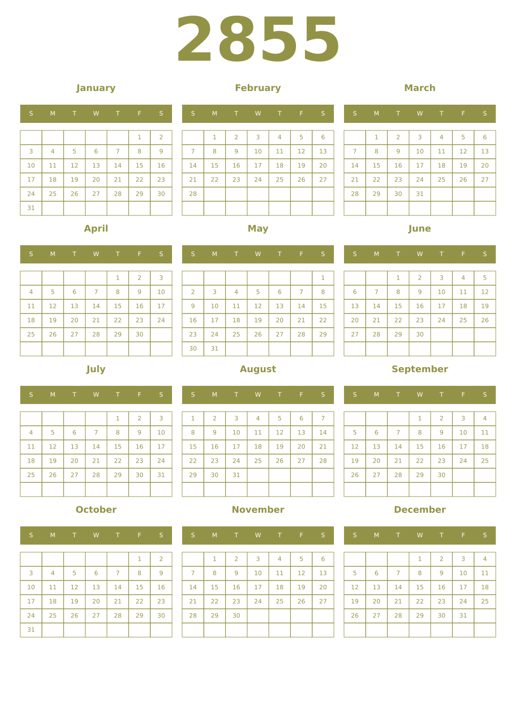 Printable 2855 Year Calendars eburnean