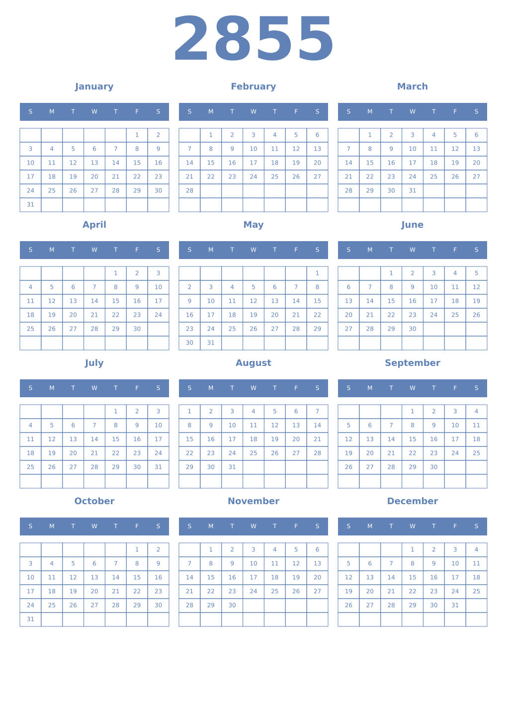 Printable 2855 Year Calendars glaucous