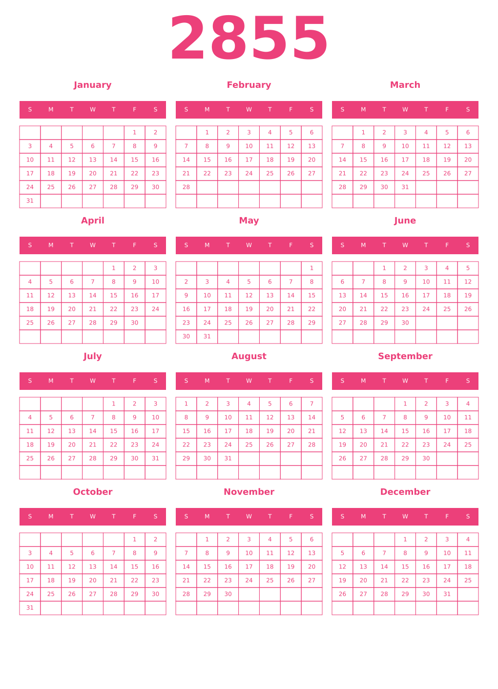 Printable 2855 Year Calendars pink
