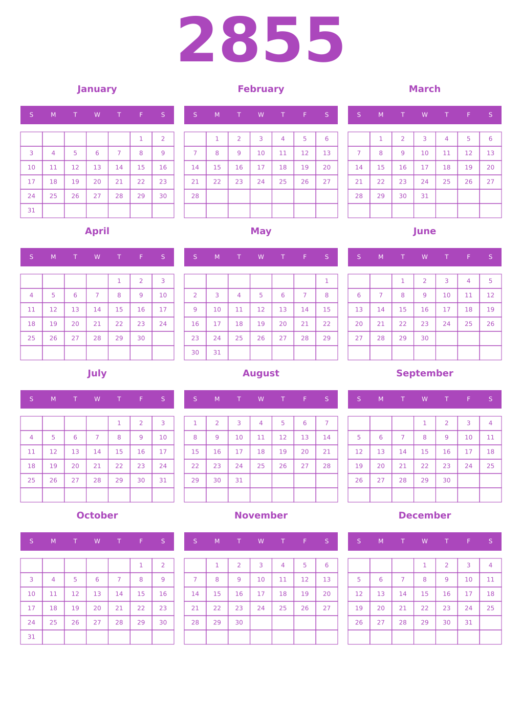 Printable 2855 Year Calendars purple