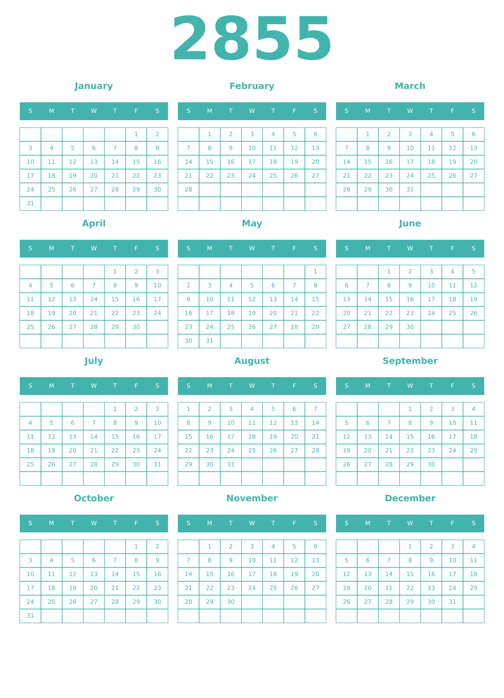 Printable 2855 Year Calendars verdigris