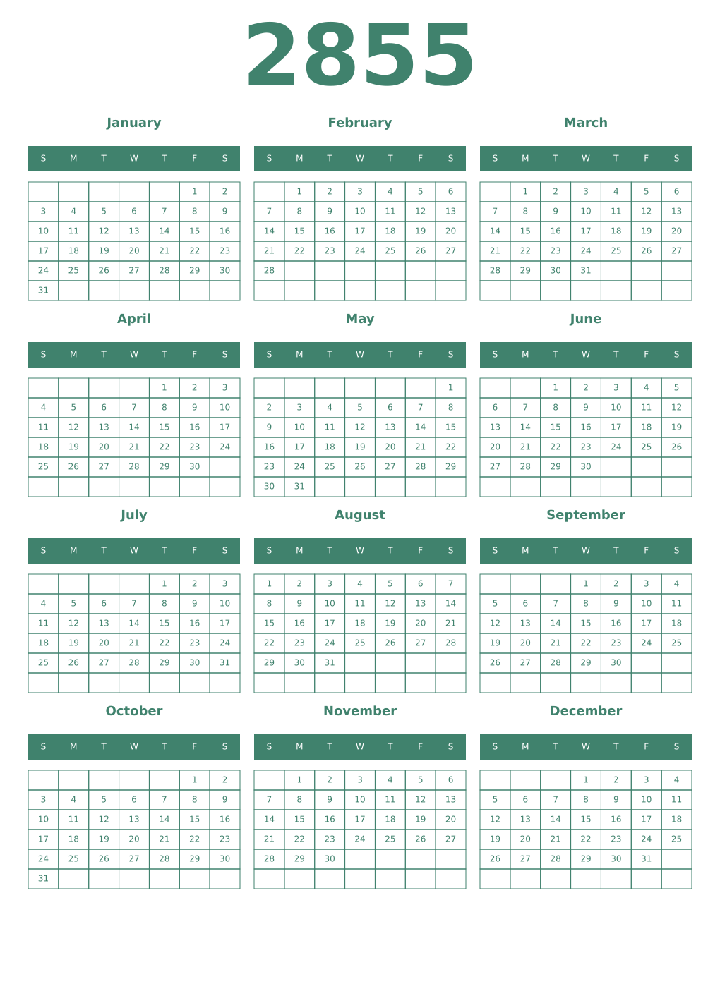 Printable 2855 Year Calendars viridian