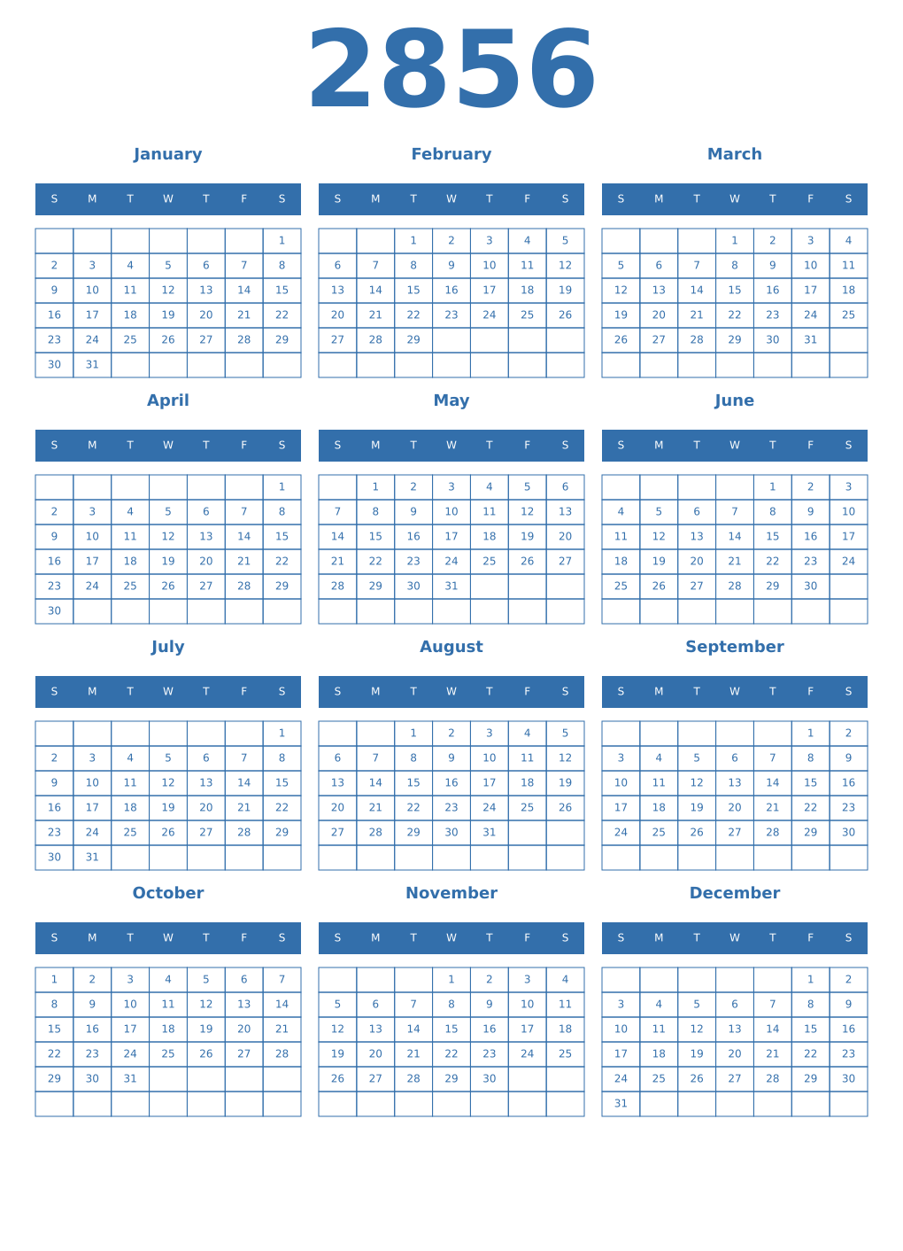 Printable 2856 Year Calendars blue