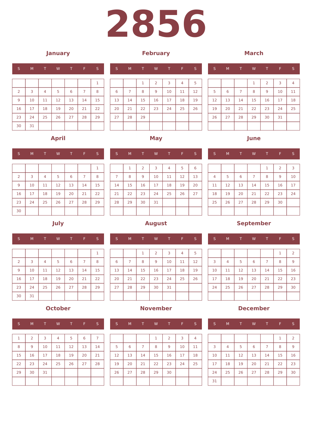 Printable 2856 Year Calendars cordovan