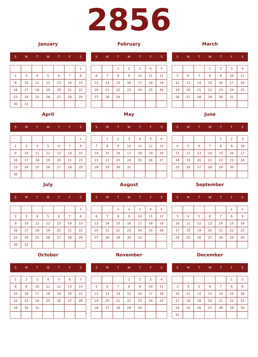 Printable 2856 Year Calendars falu
