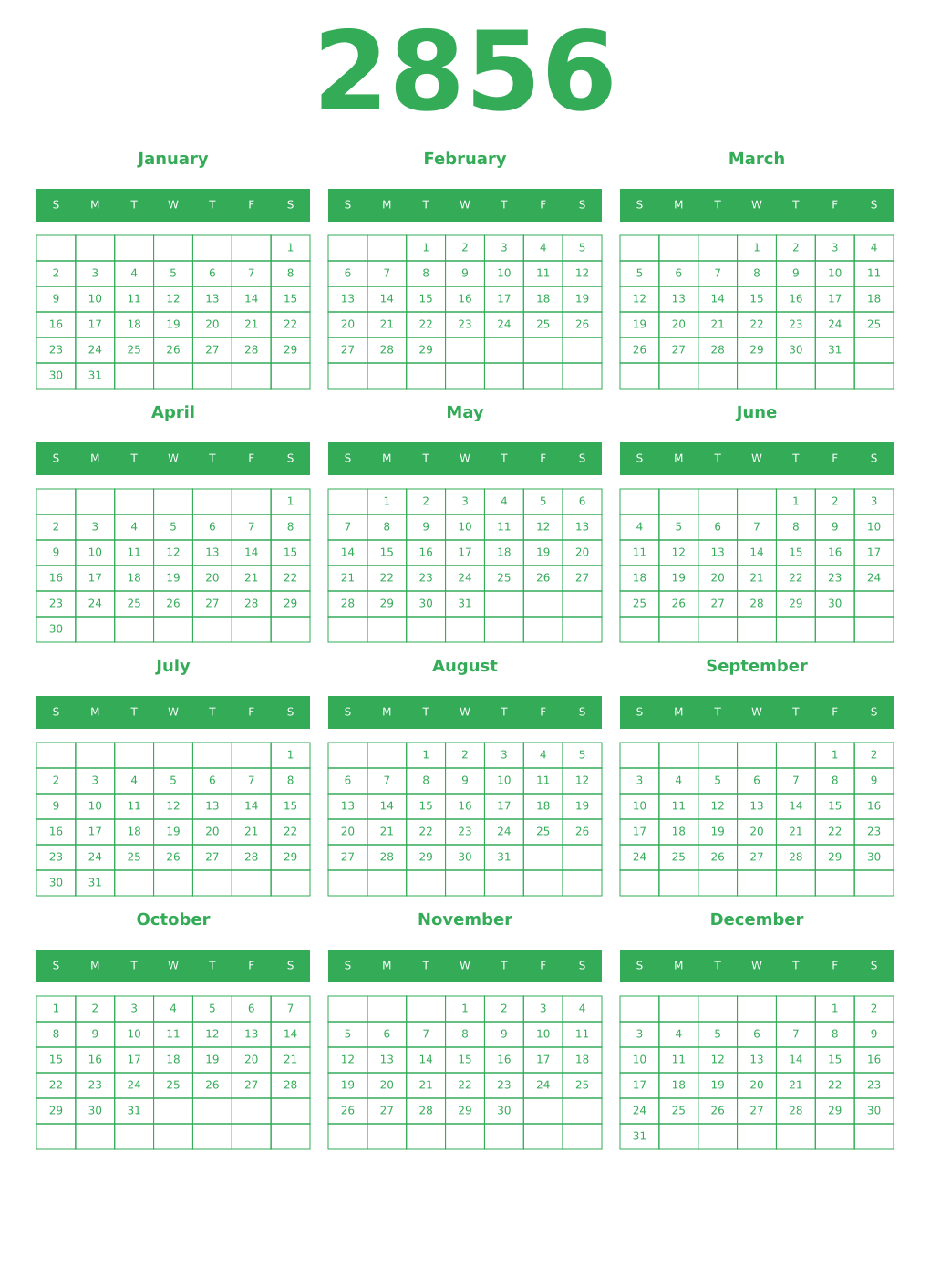 Printable 2856 Year Calendars green