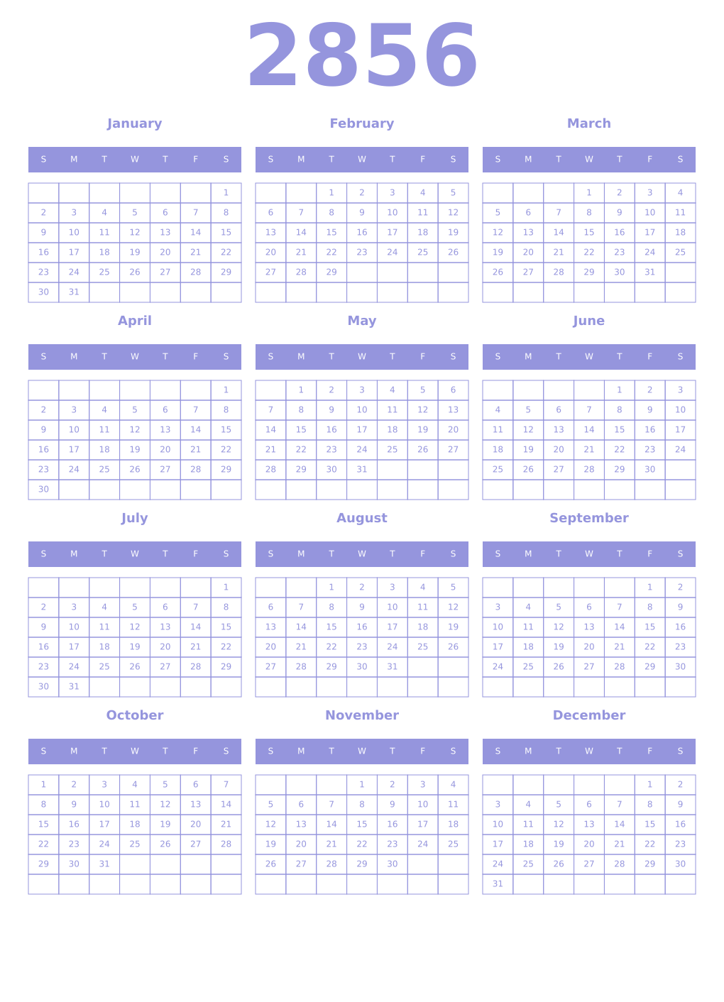 Printable 2856 Year Calendars periwinkle