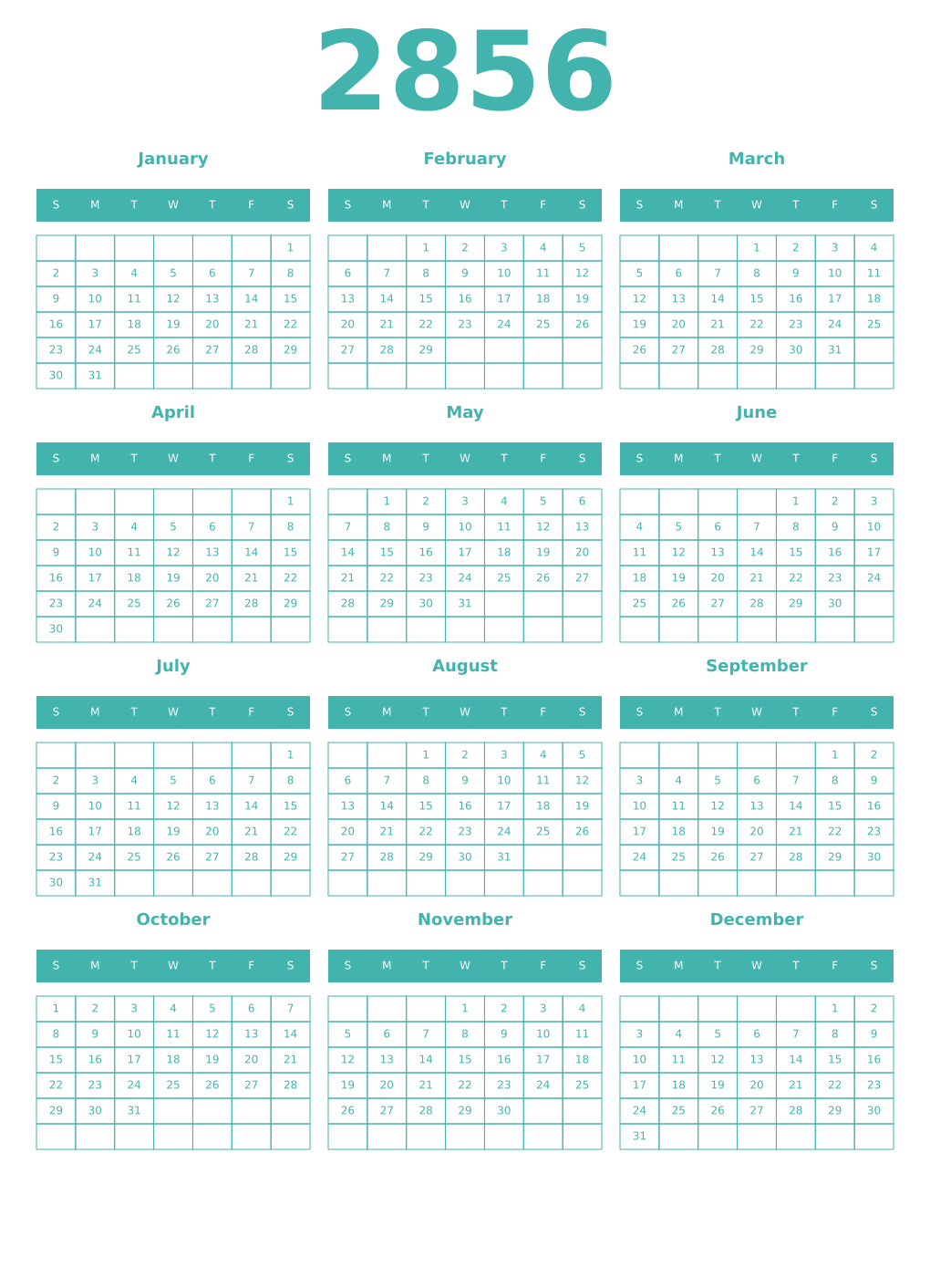 Printable 2856 Year Calendars verdigris