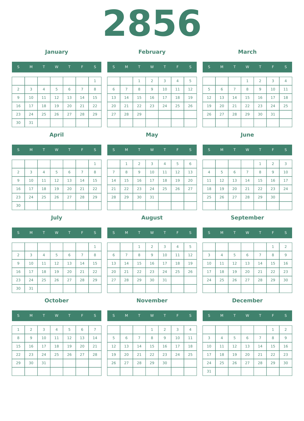Printable 2856 Year Calendars viridian