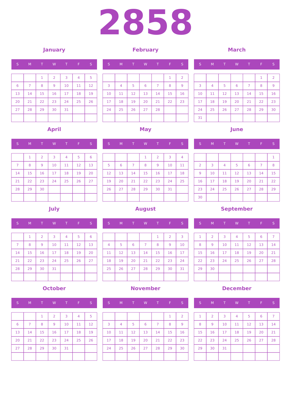Printable 2858 Year Calendars purple