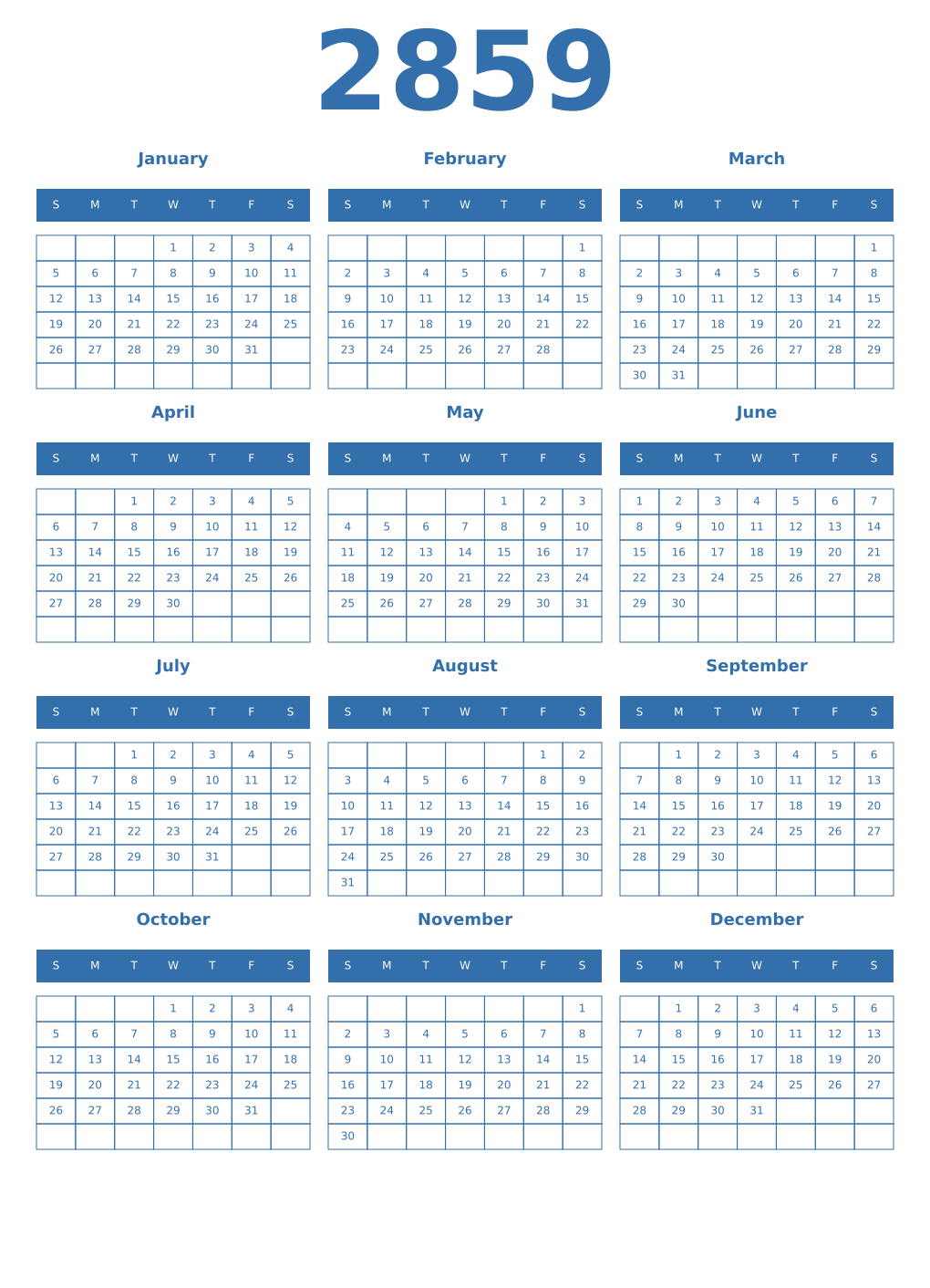 Printable 2859 Year Calendars blue