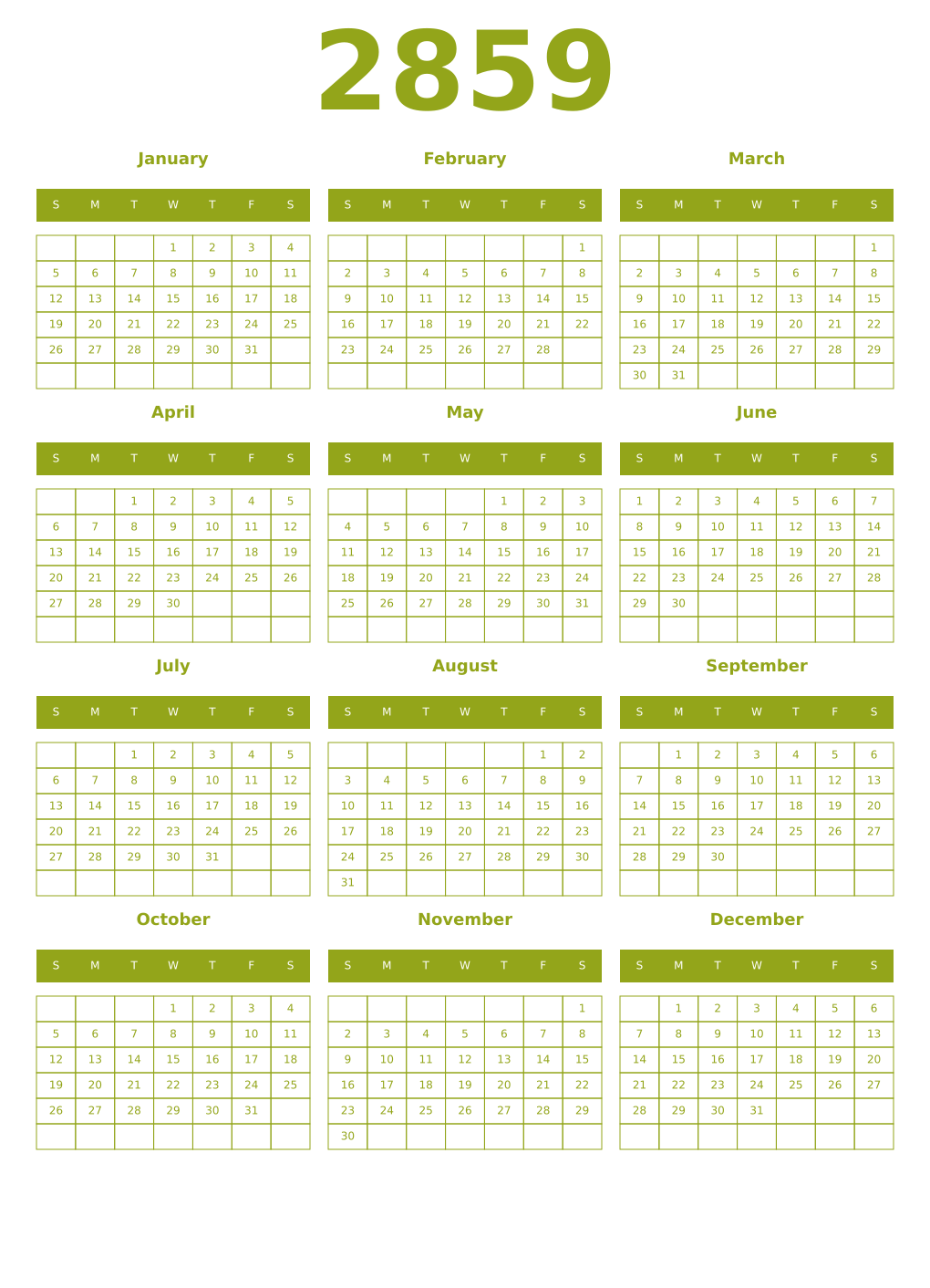 Printable 2859 Year Calendars chartreuse