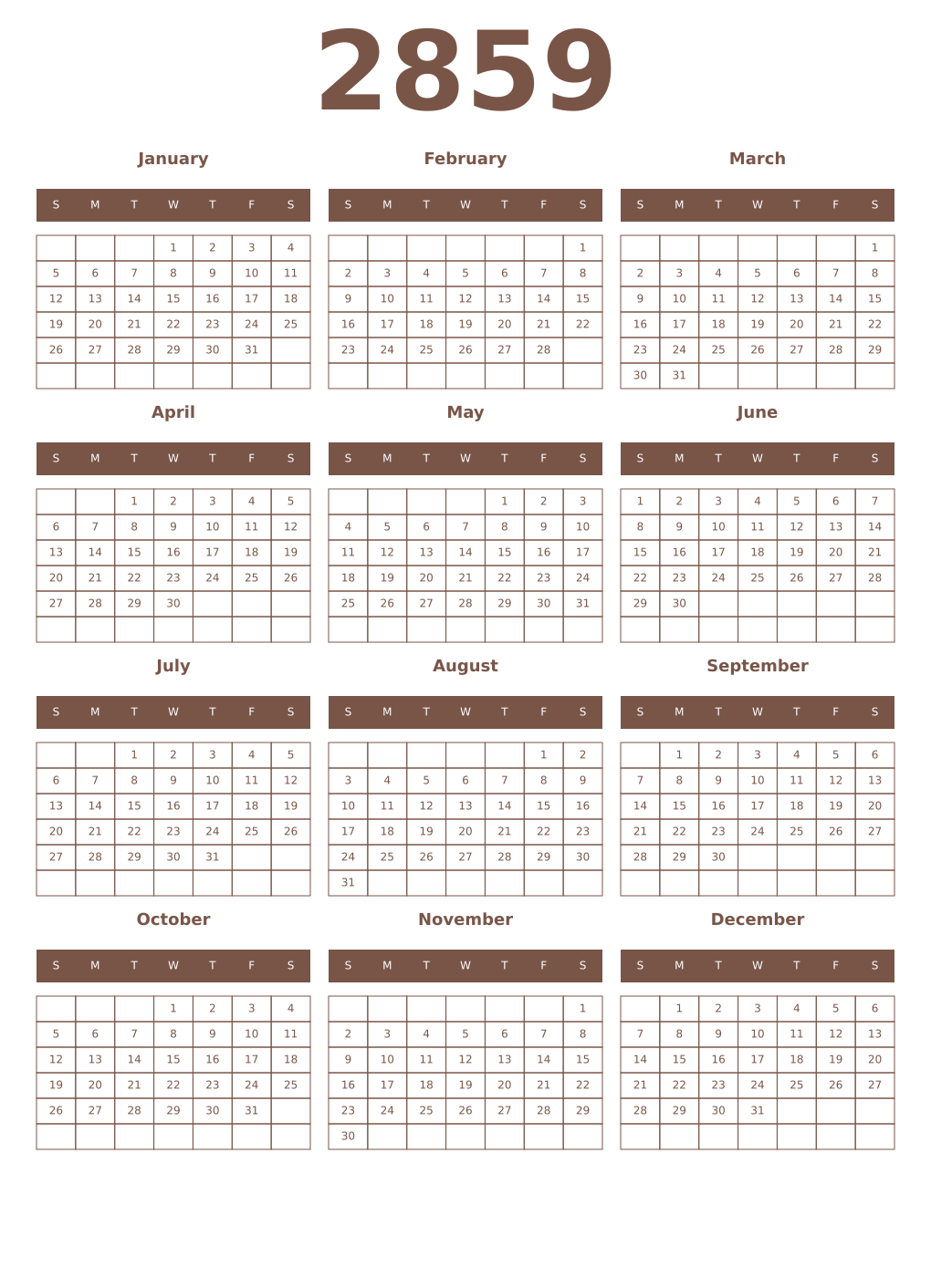 Printable 2859 Year Calendars coffe