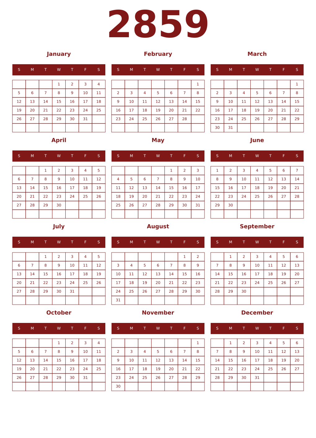 Printable 2859 Year Calendars falu