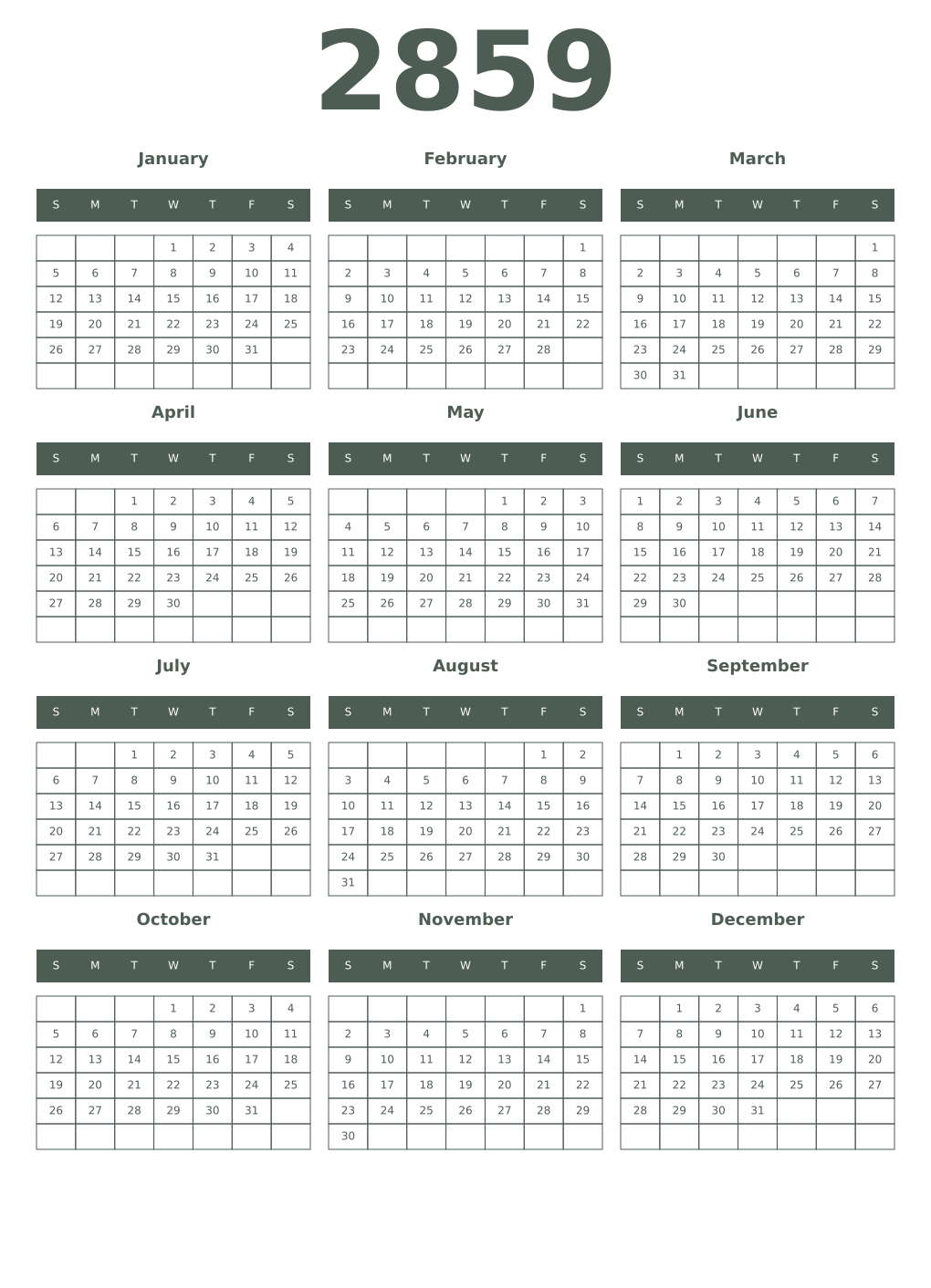 Printable 2859 Year Calendars feldgrau