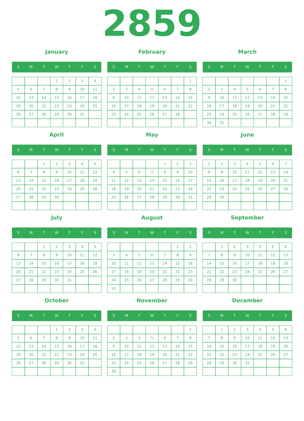 Printable 2859 Year Calendars green