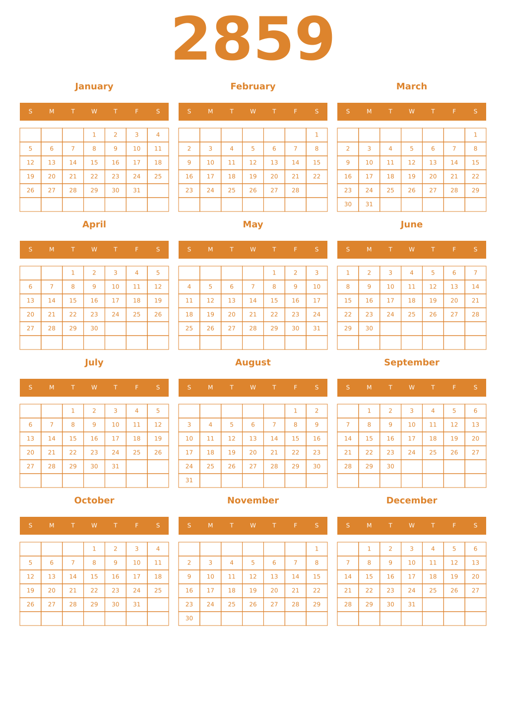 Printable 2859 Year Calendars orange