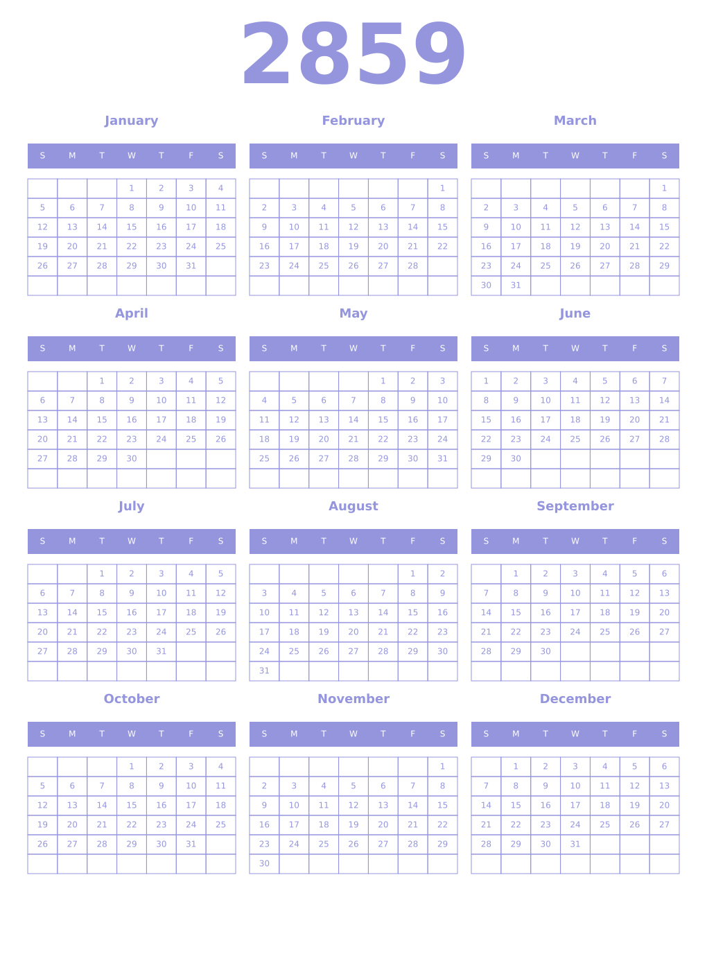 Printable 2859 Year Calendars periwinkle