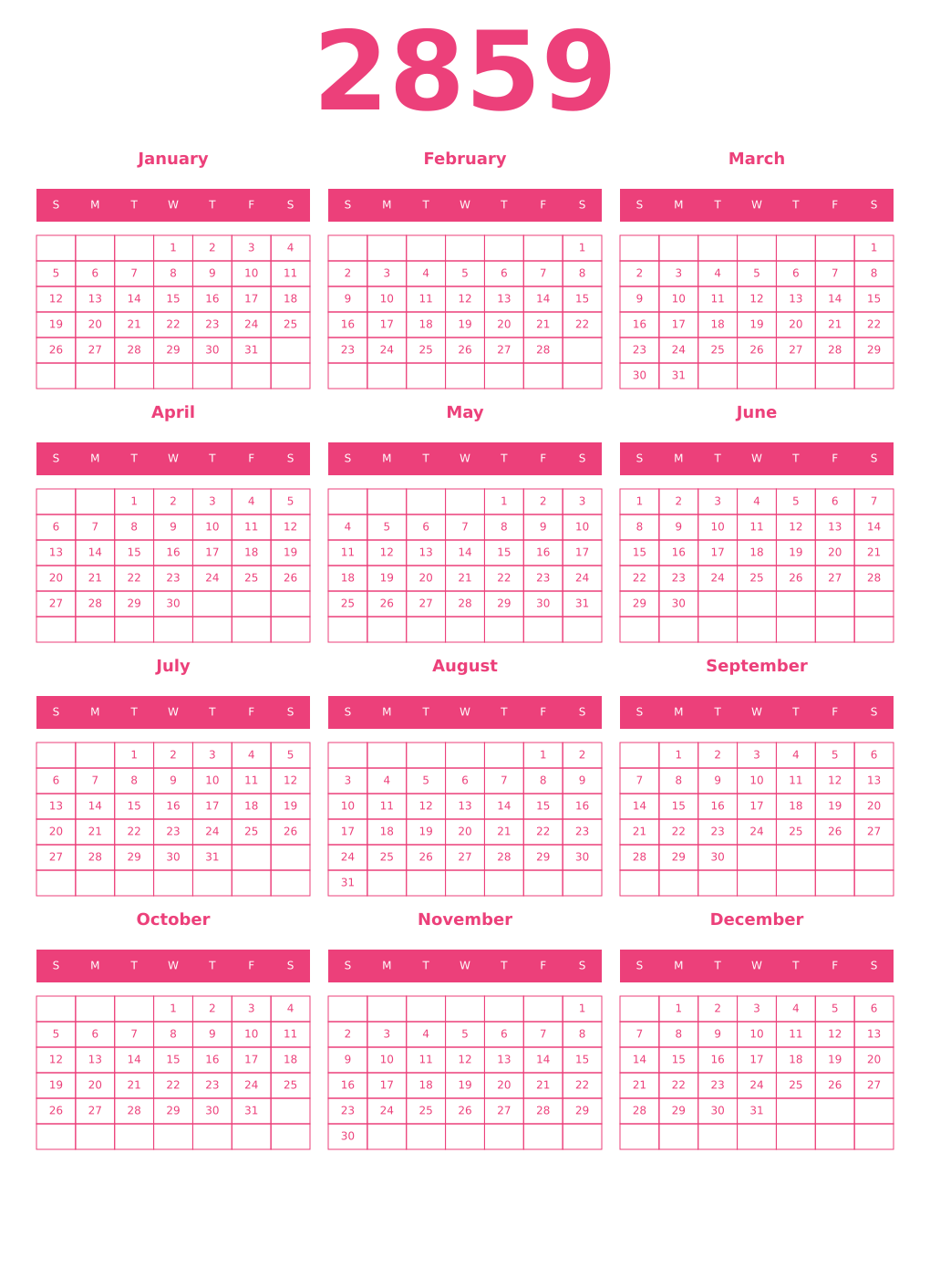 Printable 2859 Year Calendars pink