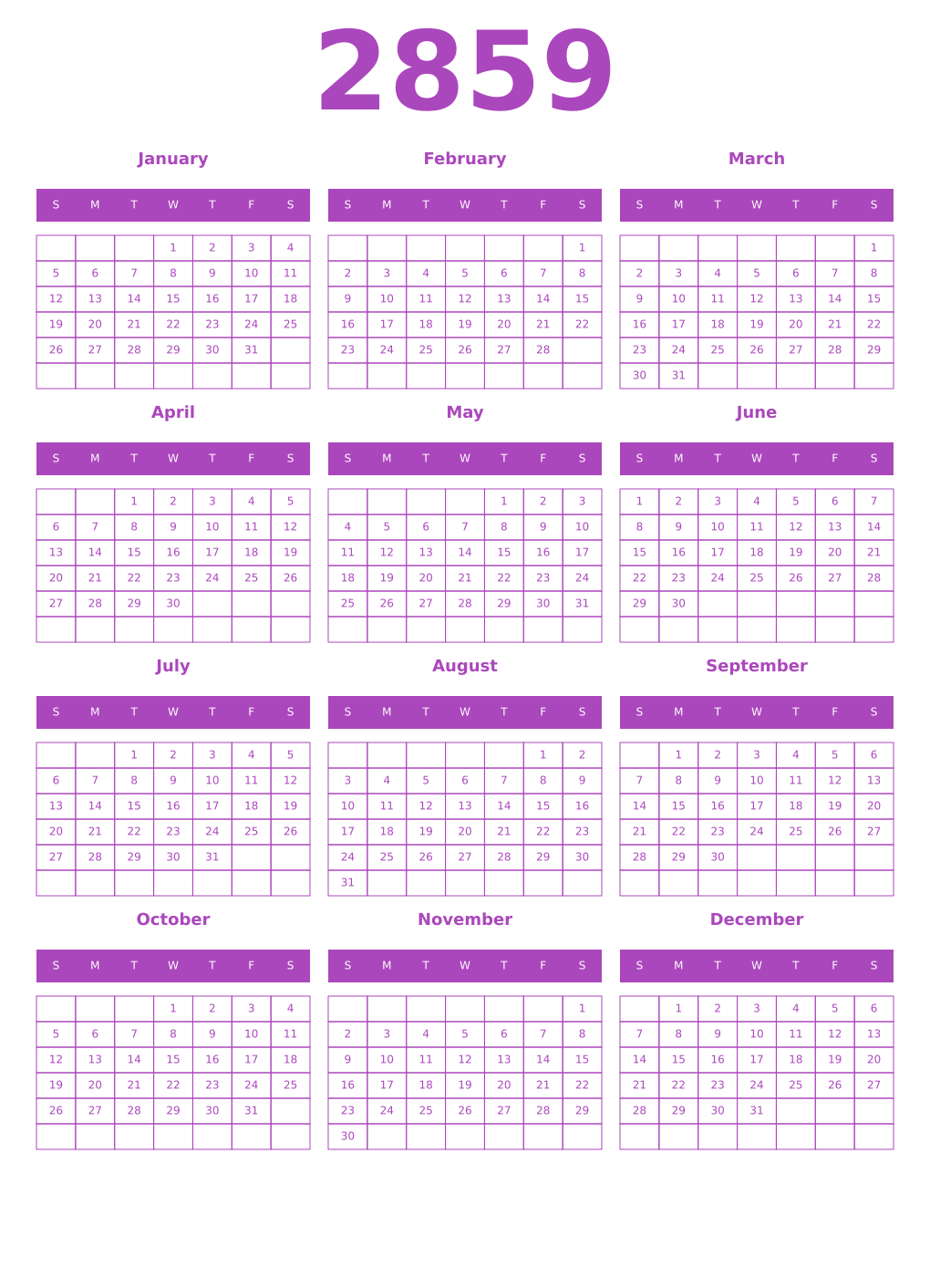 Printable 2859 Year Calendars purple