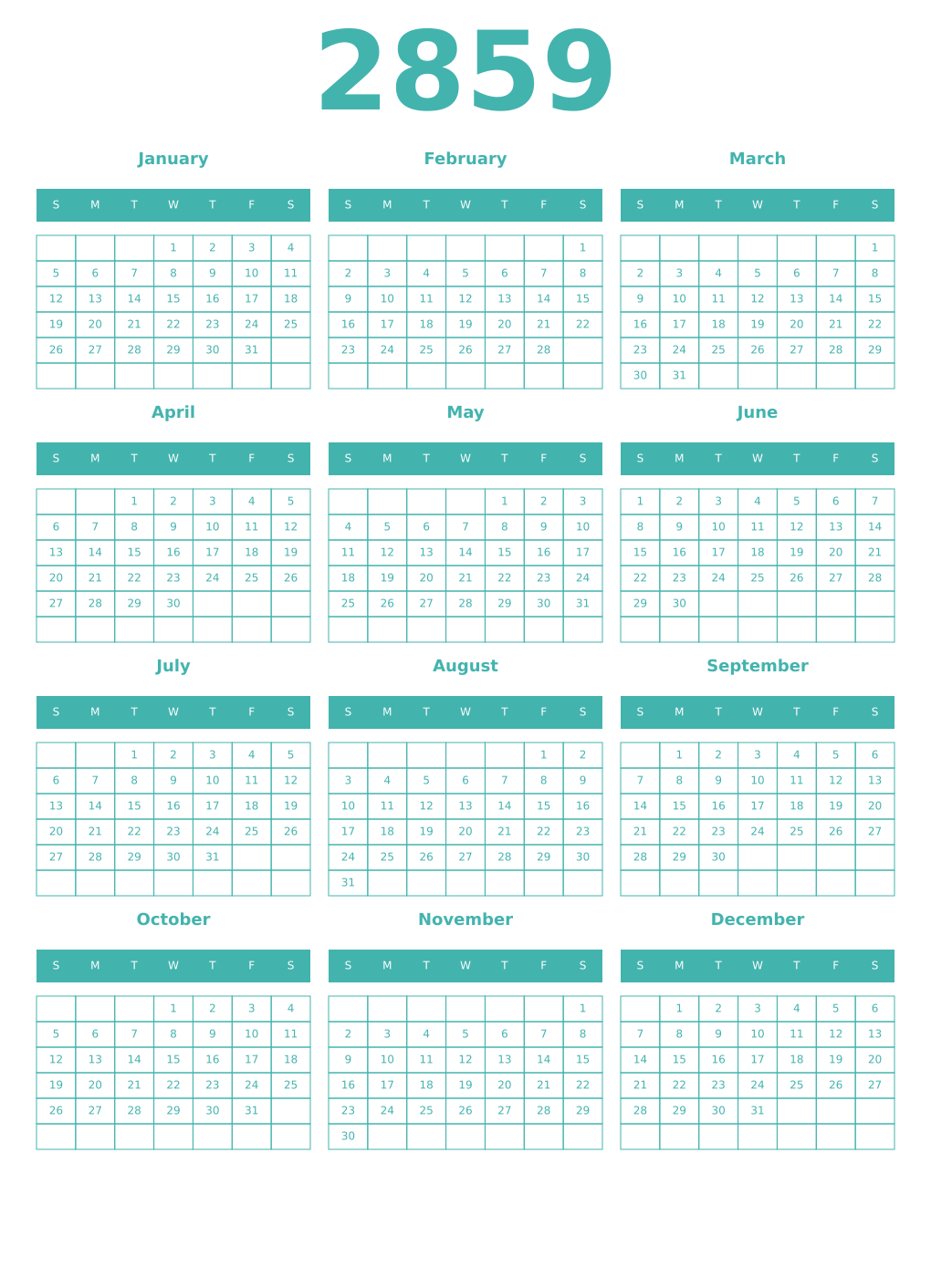 Printable 2859 Year Calendars verdigris