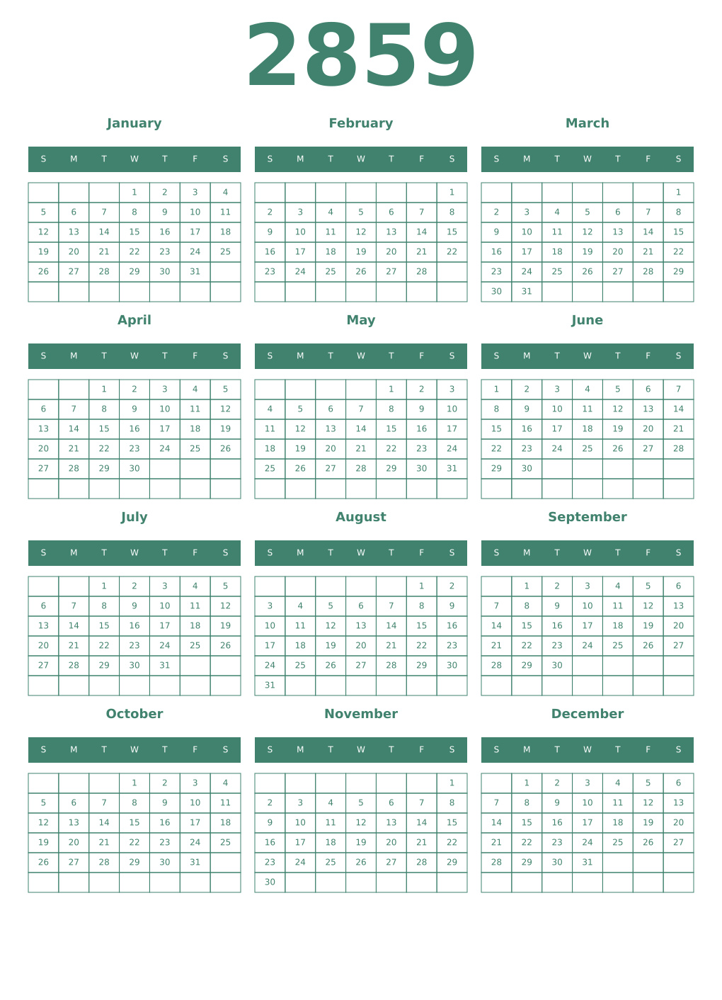 Printable 2859 Year Calendars viridian