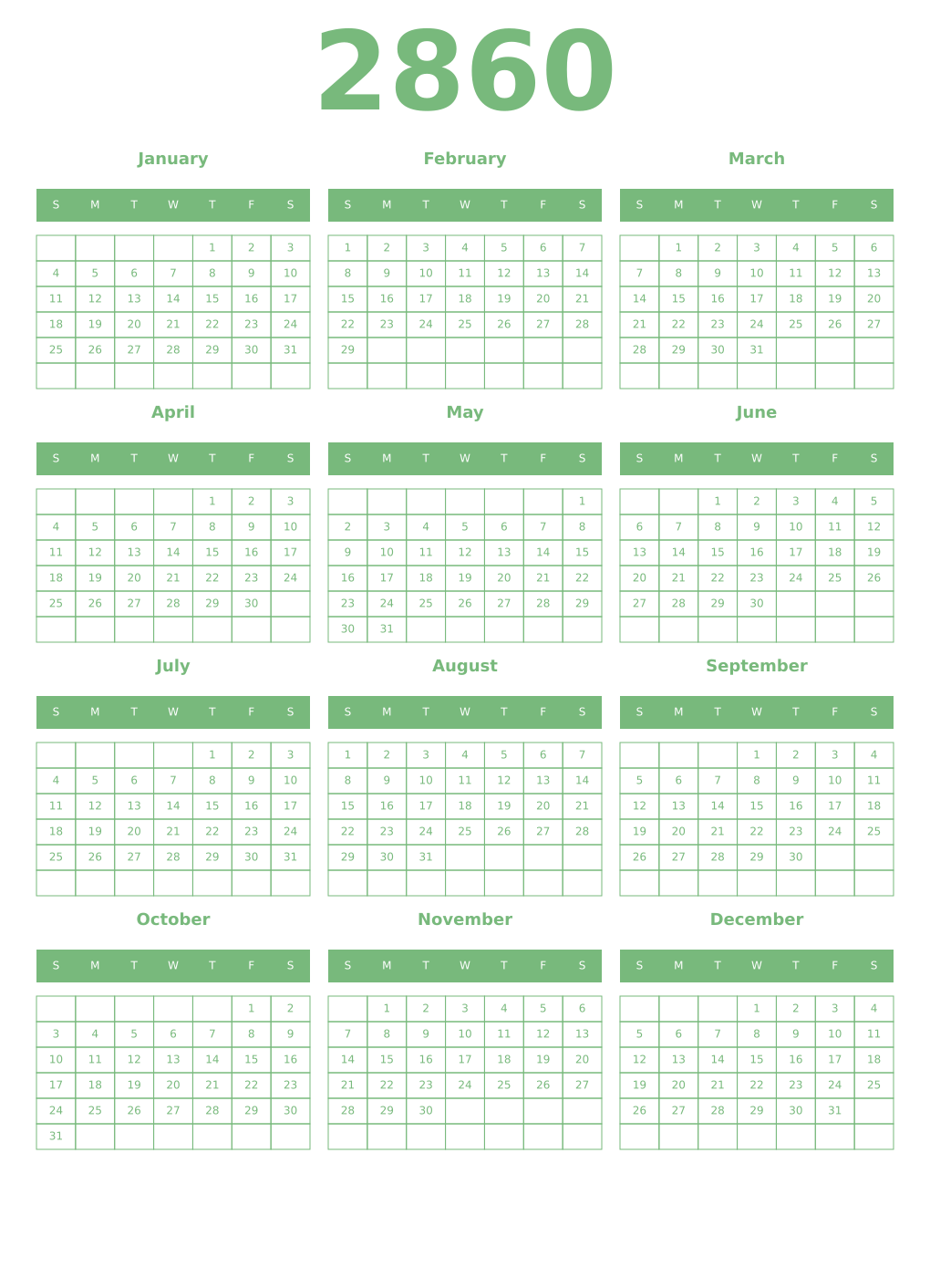 Printable 2860 Year Calendars celadon