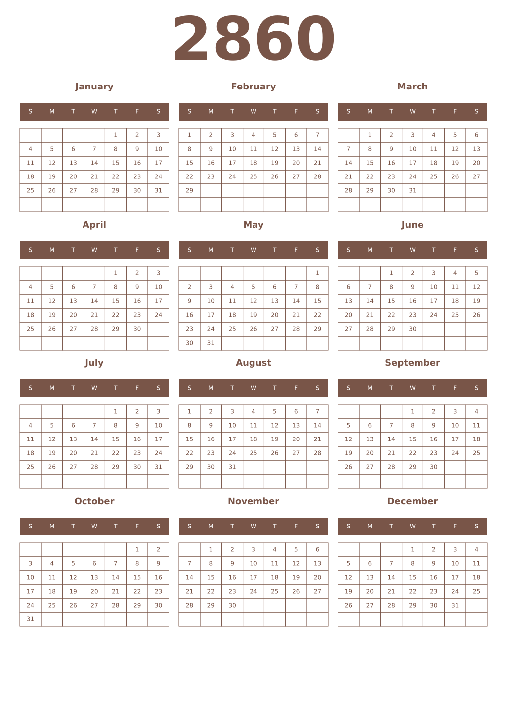 Printable 2860 Year Calendars coffe