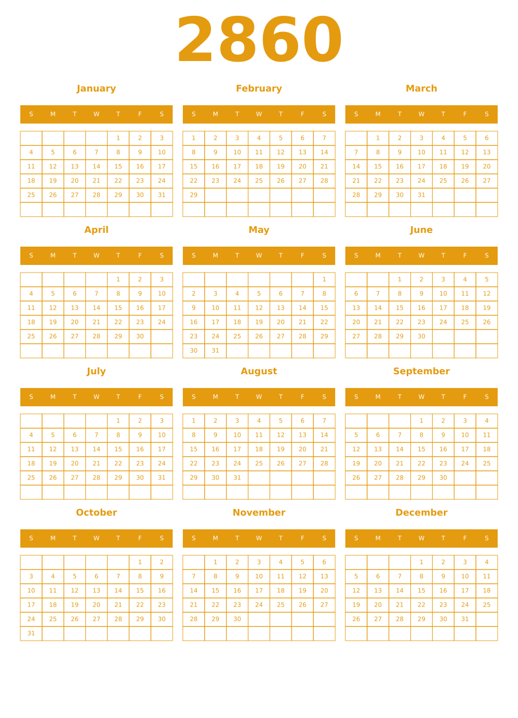 Printable 2860 Year Calendars gamboge