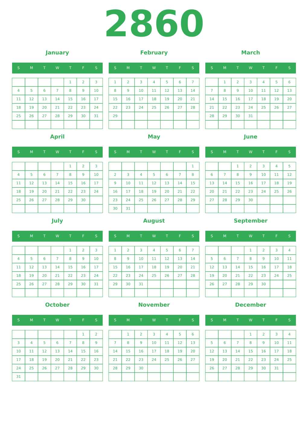 Printable 2860 Year Calendars green
