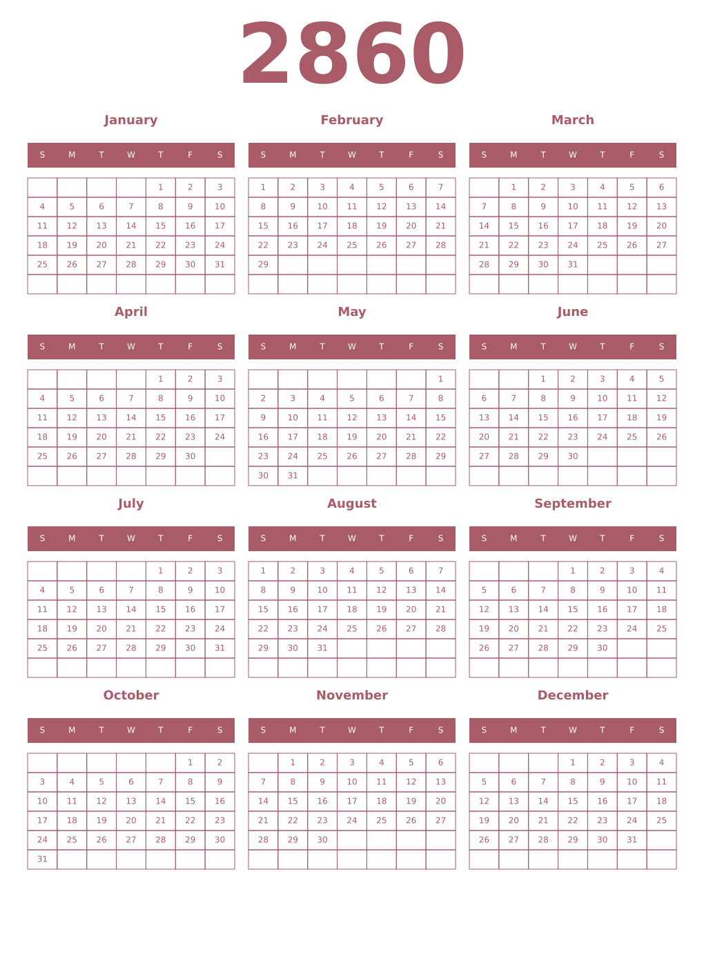 Printable 2860 Year Calendars puce
