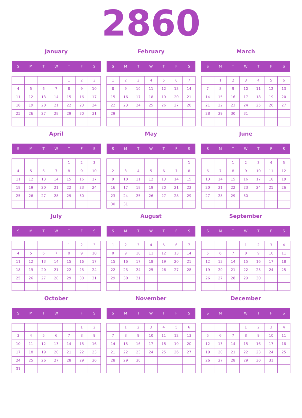 Printable 2860 Year Calendars purple