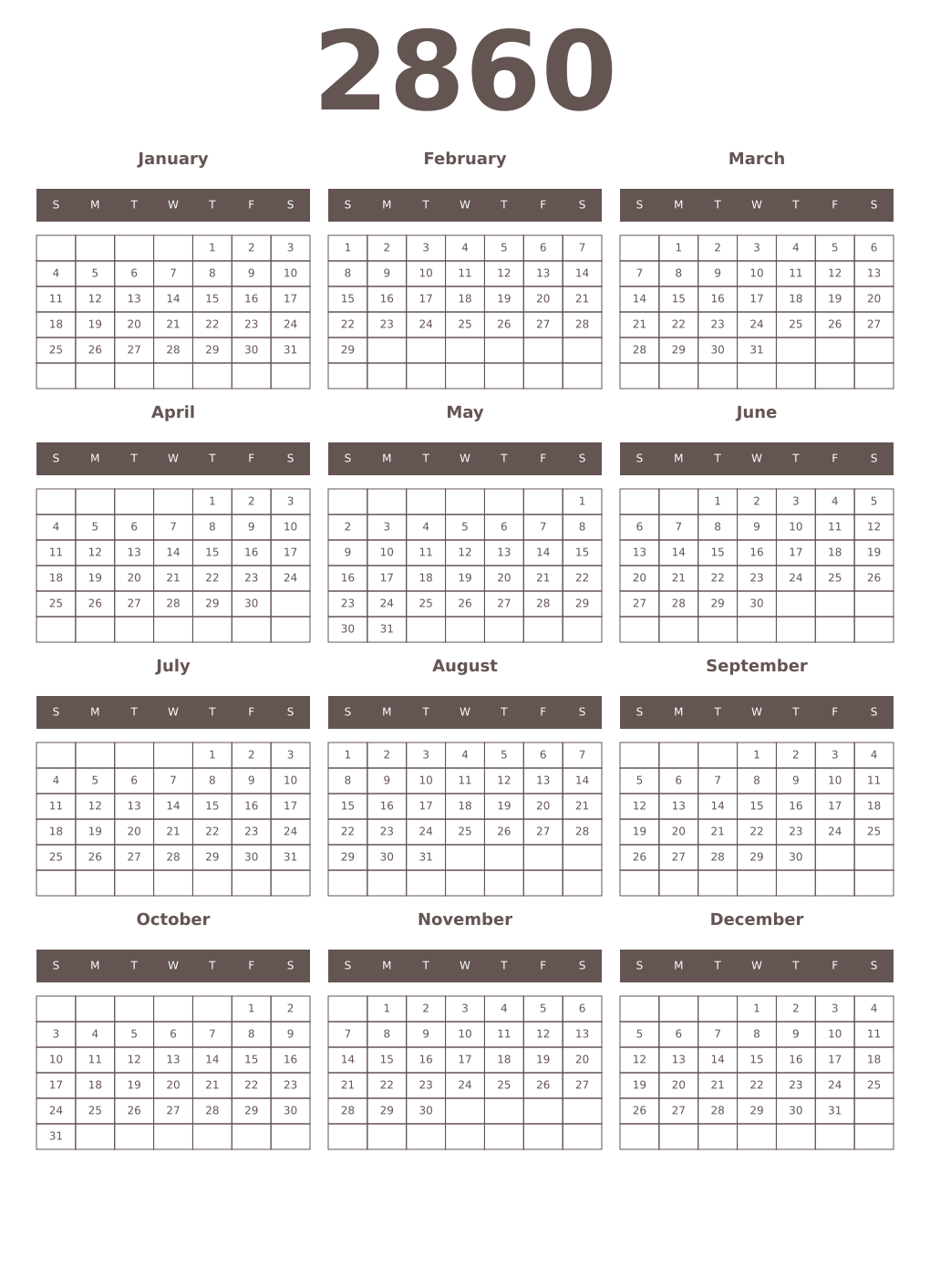 Printable 2860 Year Calendars wenge
