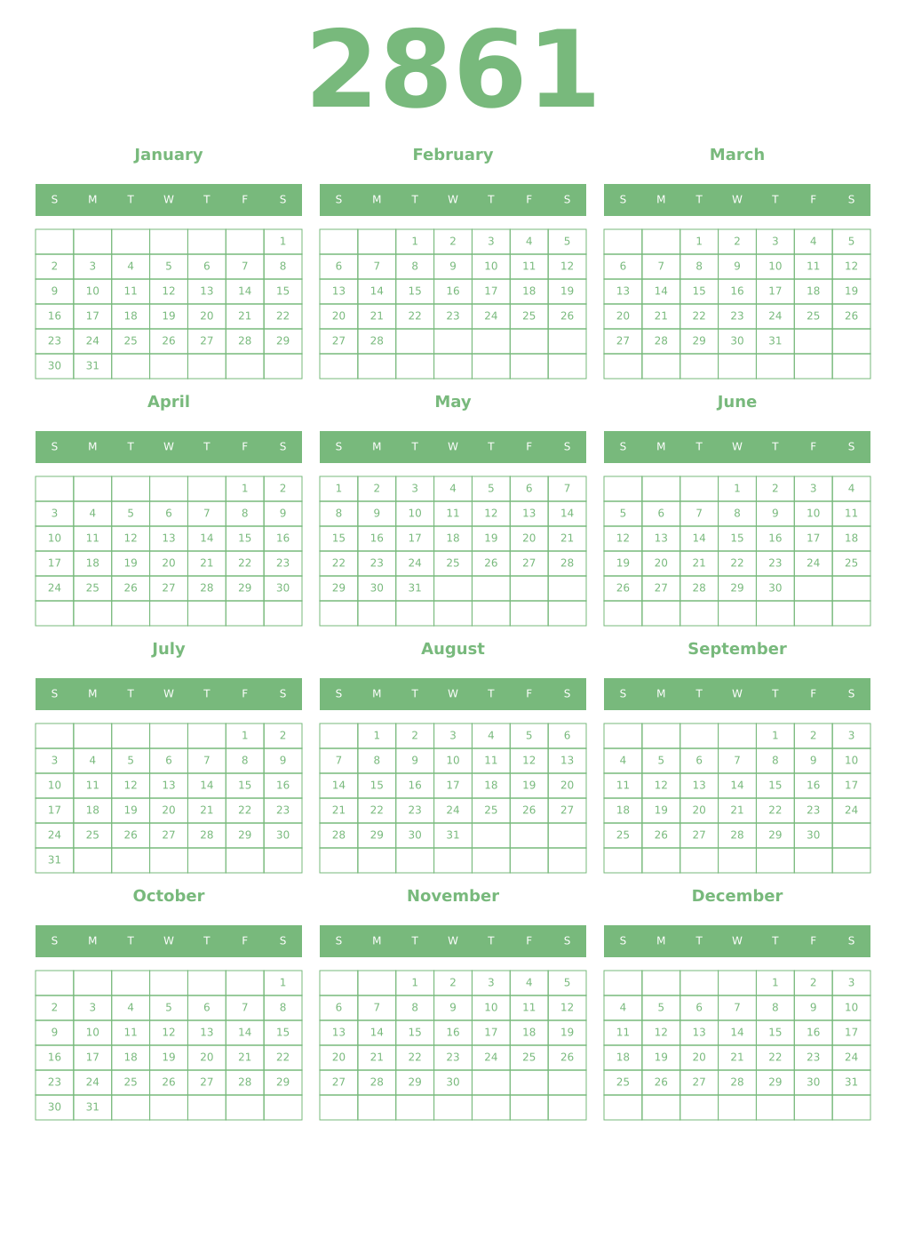 Printable 2861 Year Calendars celadon