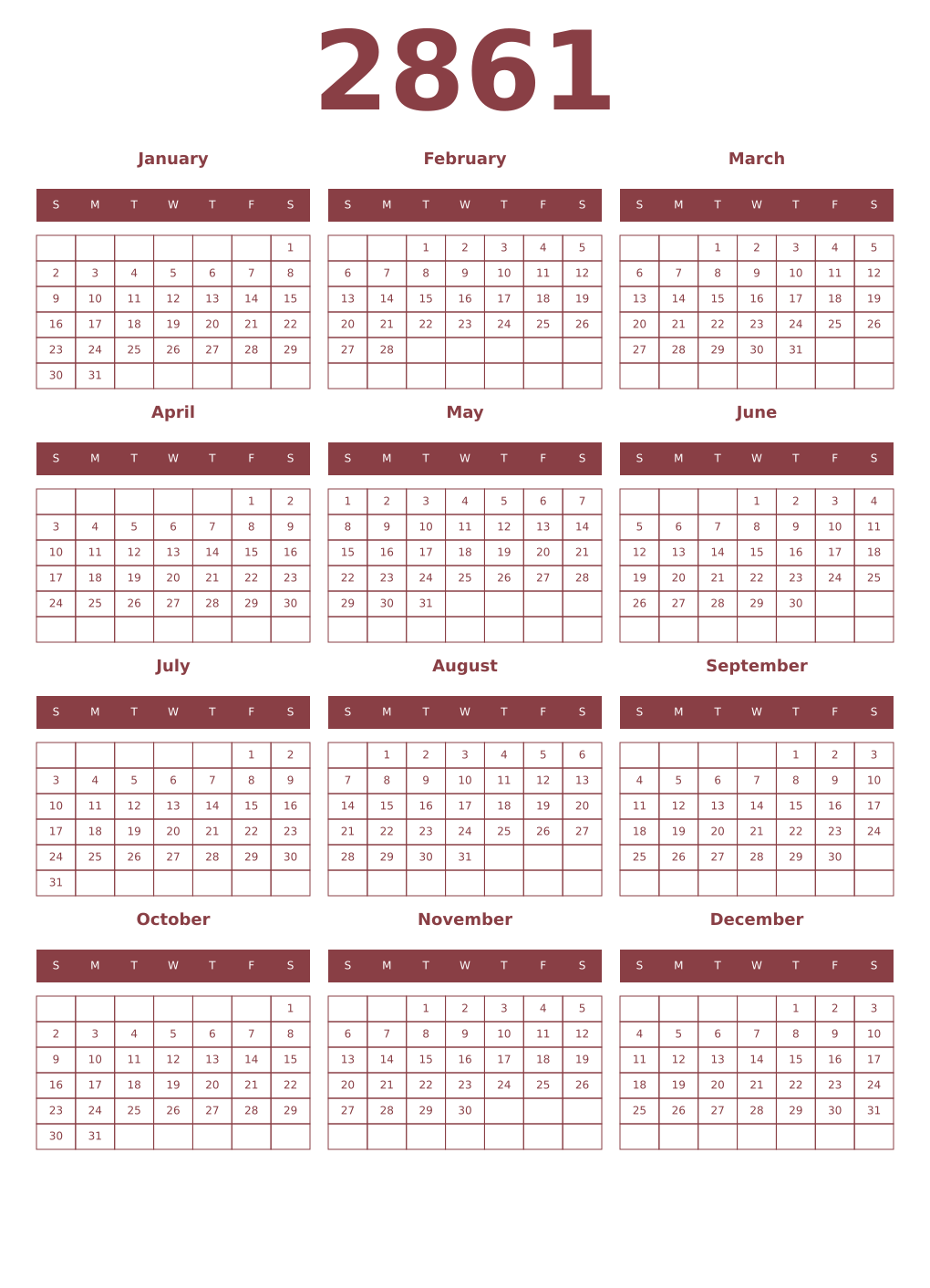 Printable 2861 Year Calendars cordovan