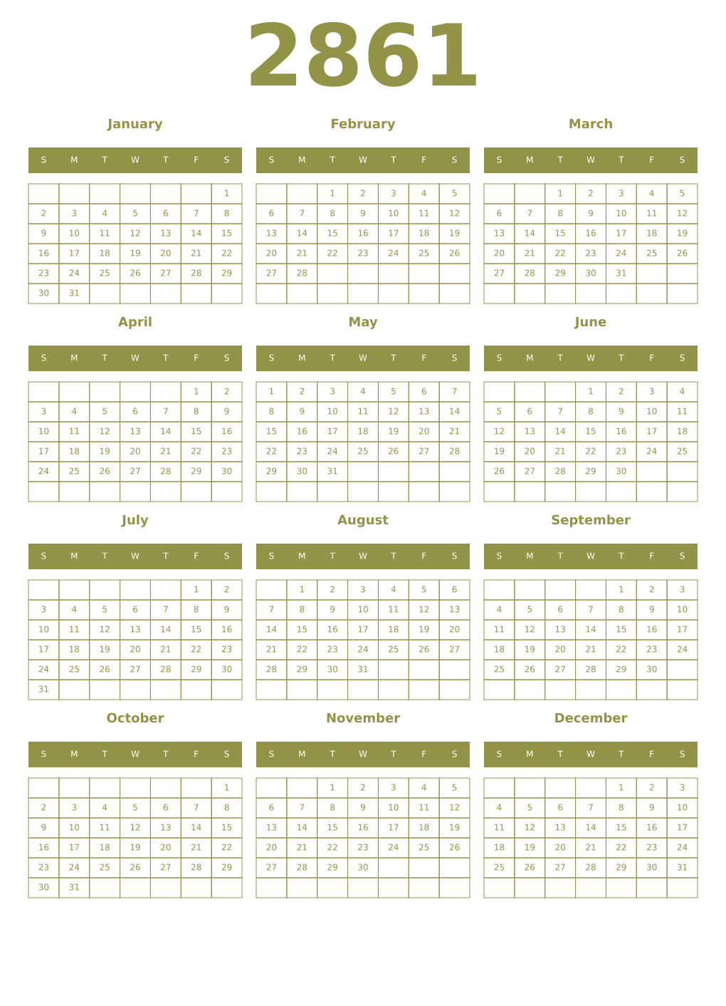 Printable 2861 Year Calendars eburnean