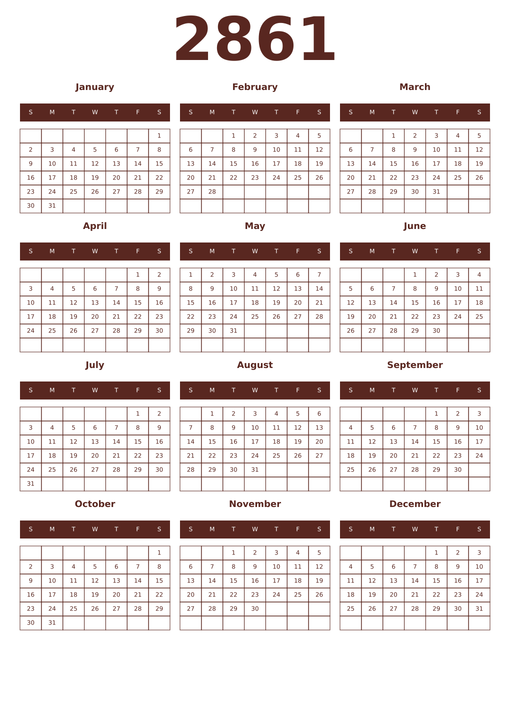 Printable 2861 Year Calendars mortuum